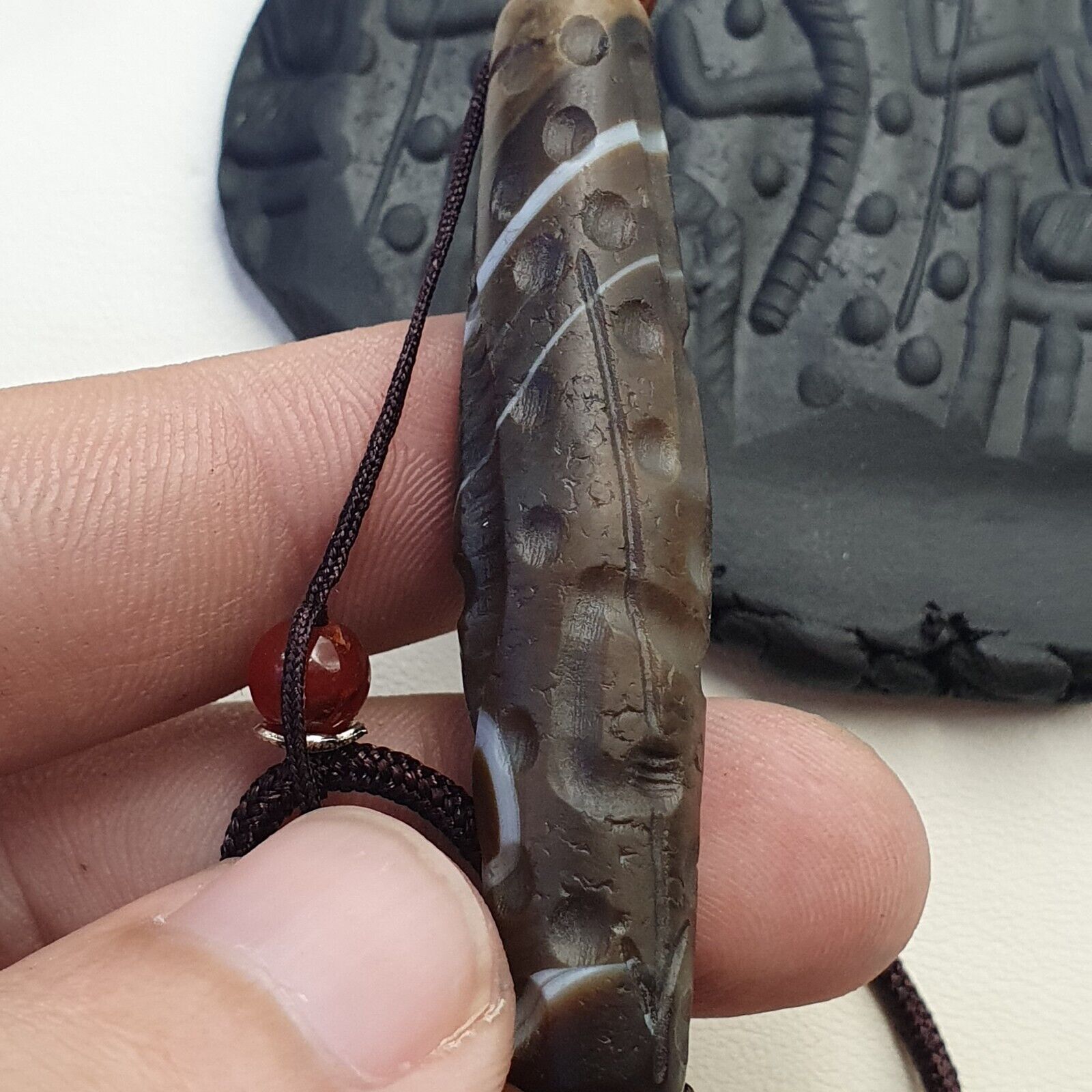 Antique Ancient INDO Tibetan Carving Agate Eye stone Bead Amulet Intaglio
