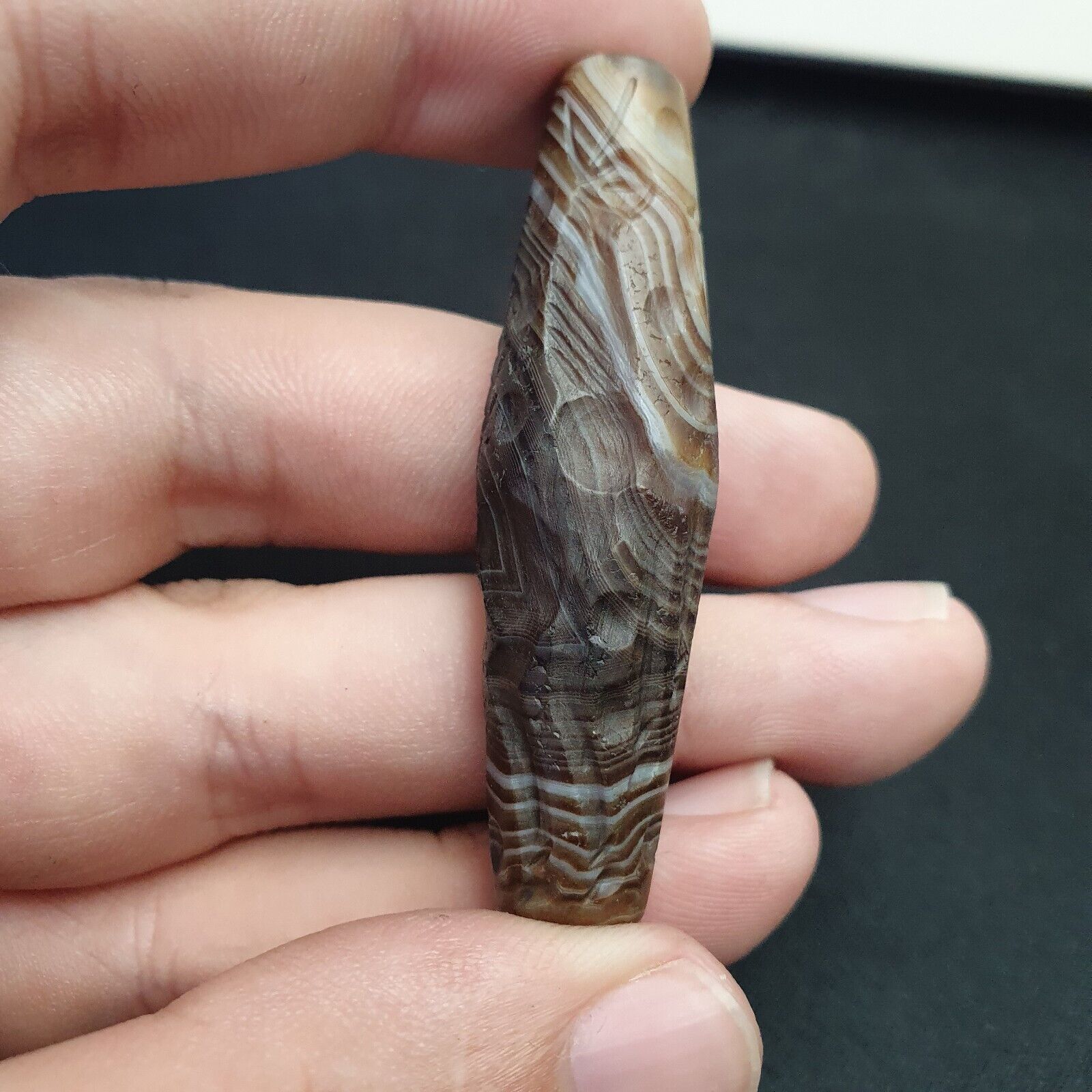 Horse & hunter Antique Ancient Indo Tibetan Carving Agate Eye stone Bead Amulet