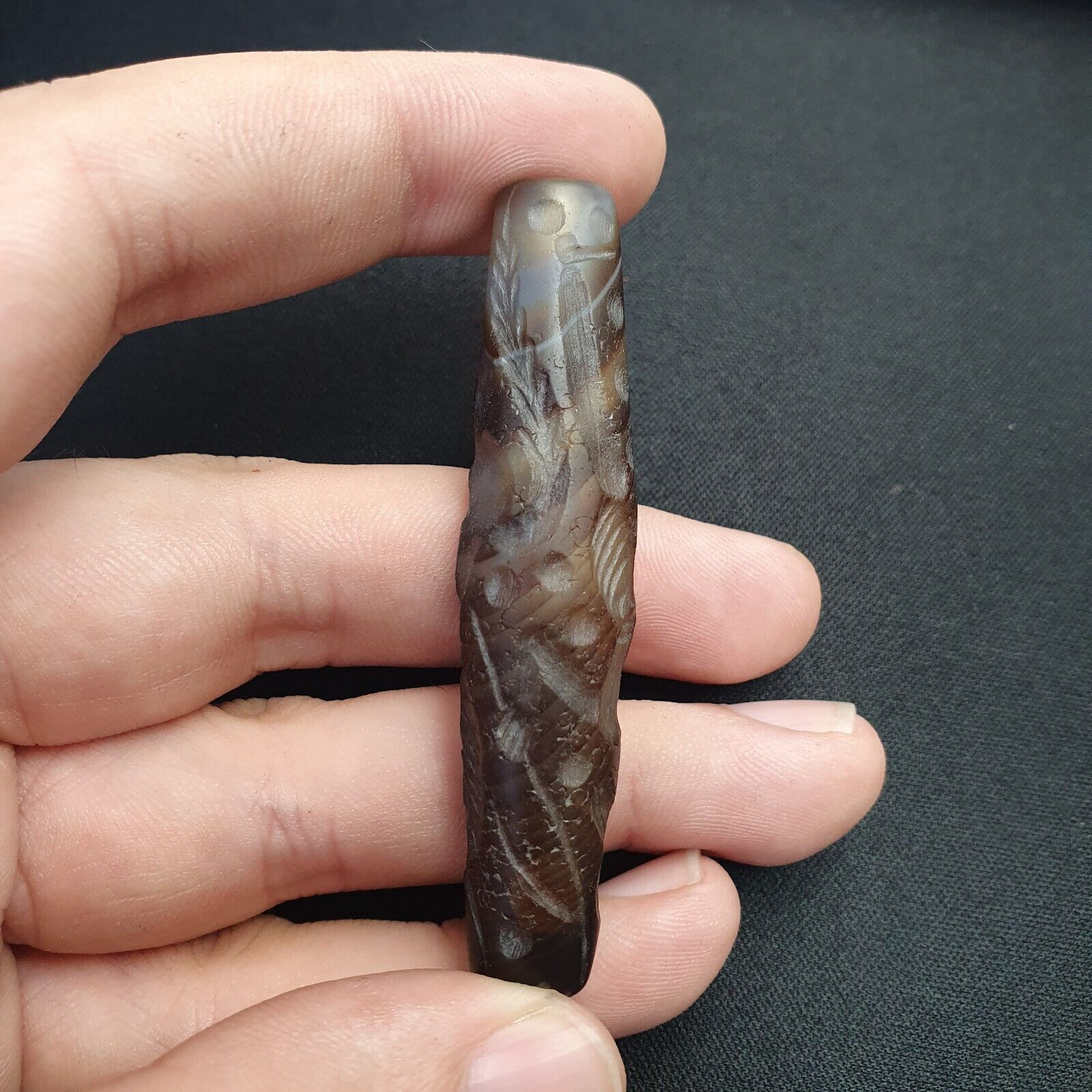 Antique Ancient Indo Tibetan Carving Agate Eye stone Bead Amulet Animal & hunter