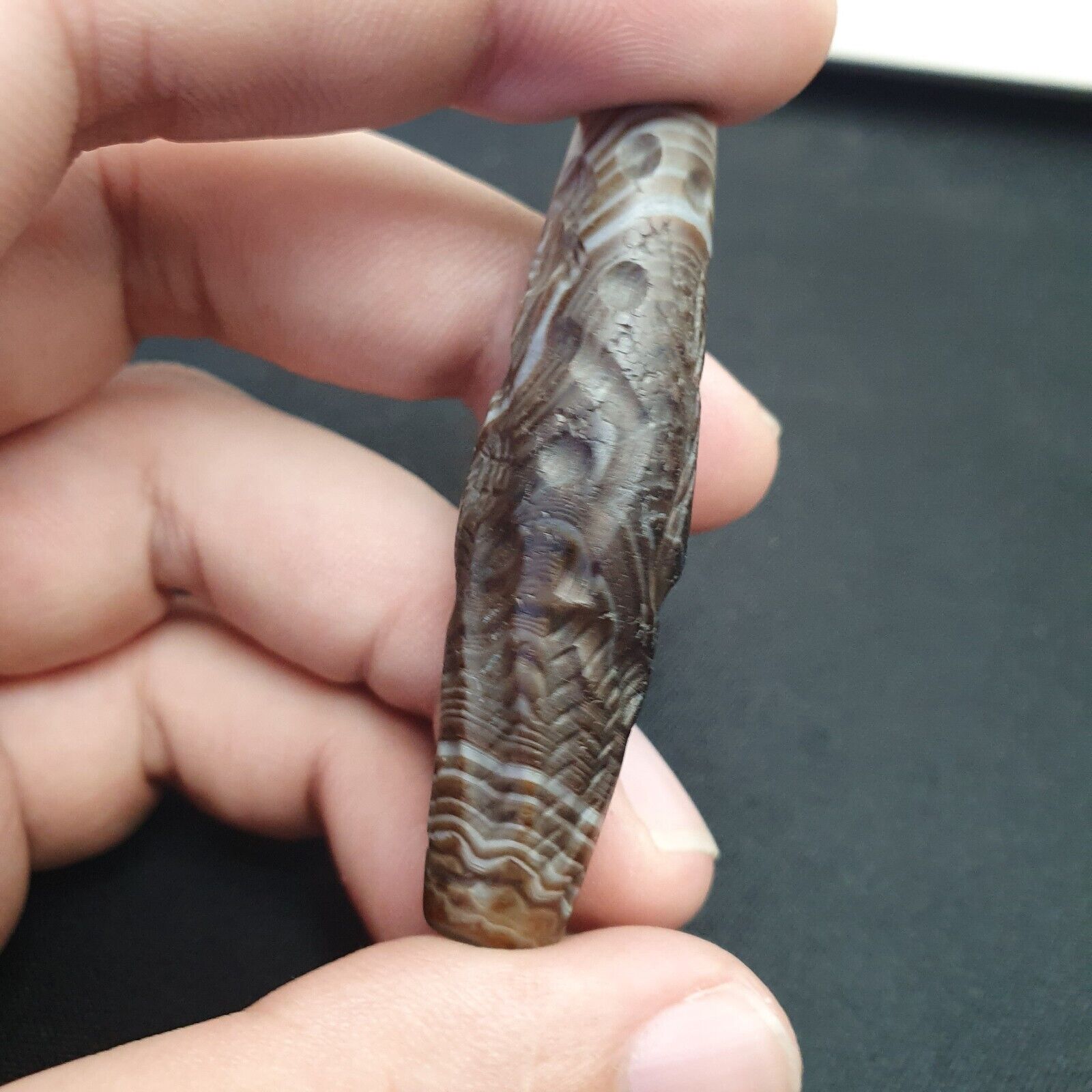 Horse & hunter Antique Ancient Indo Tibetan Carving Agate Eye stone Bead Amulet