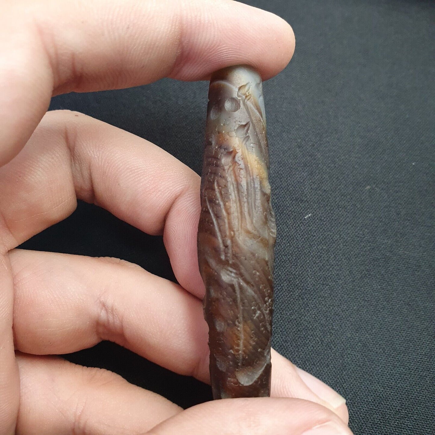 古董古印度西藏雕刻瑪瑙眼石珠護身符動物和獵人