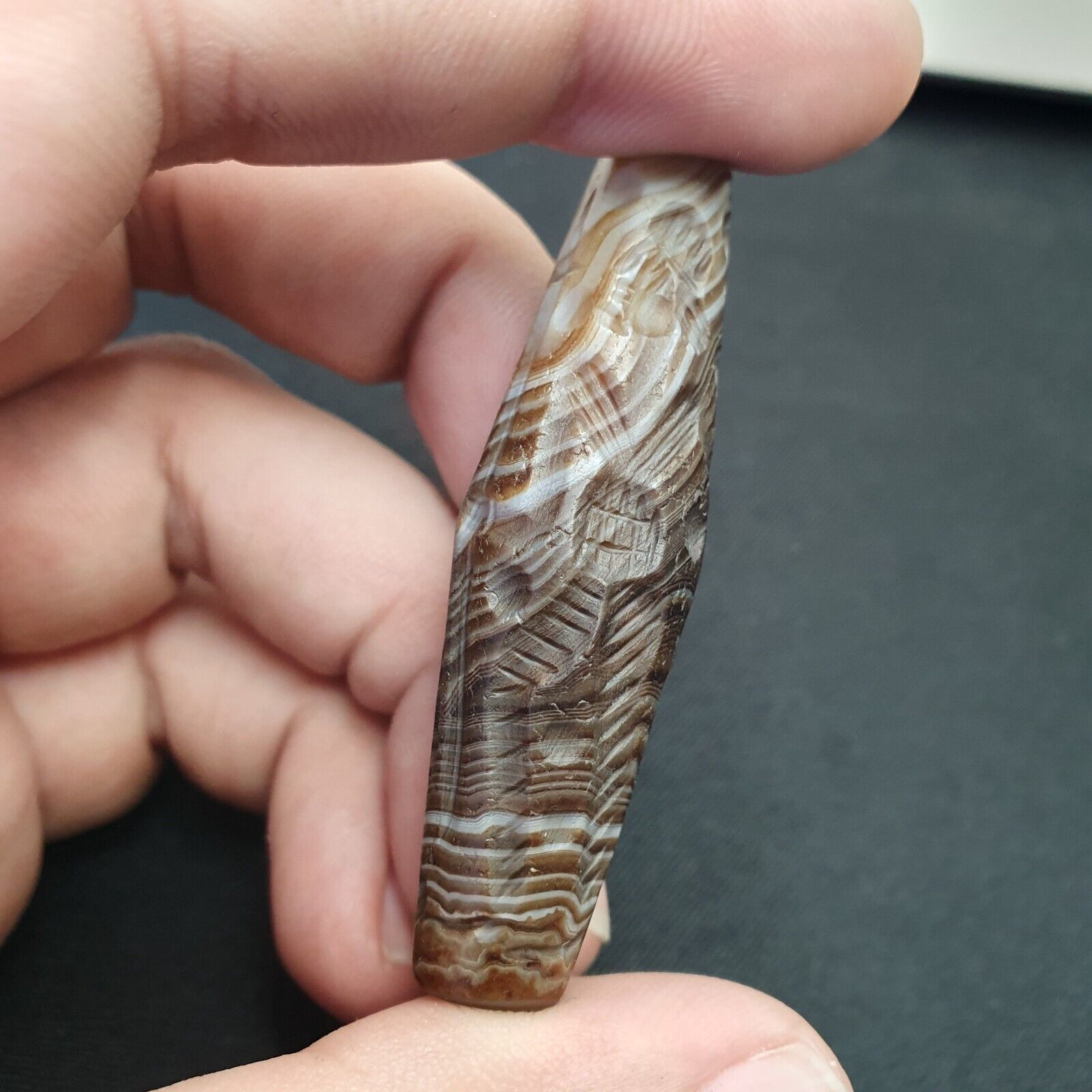 Horse & hunter Antique Ancient Indo Tibetan Carving Agate Eye stone Bead Amulet