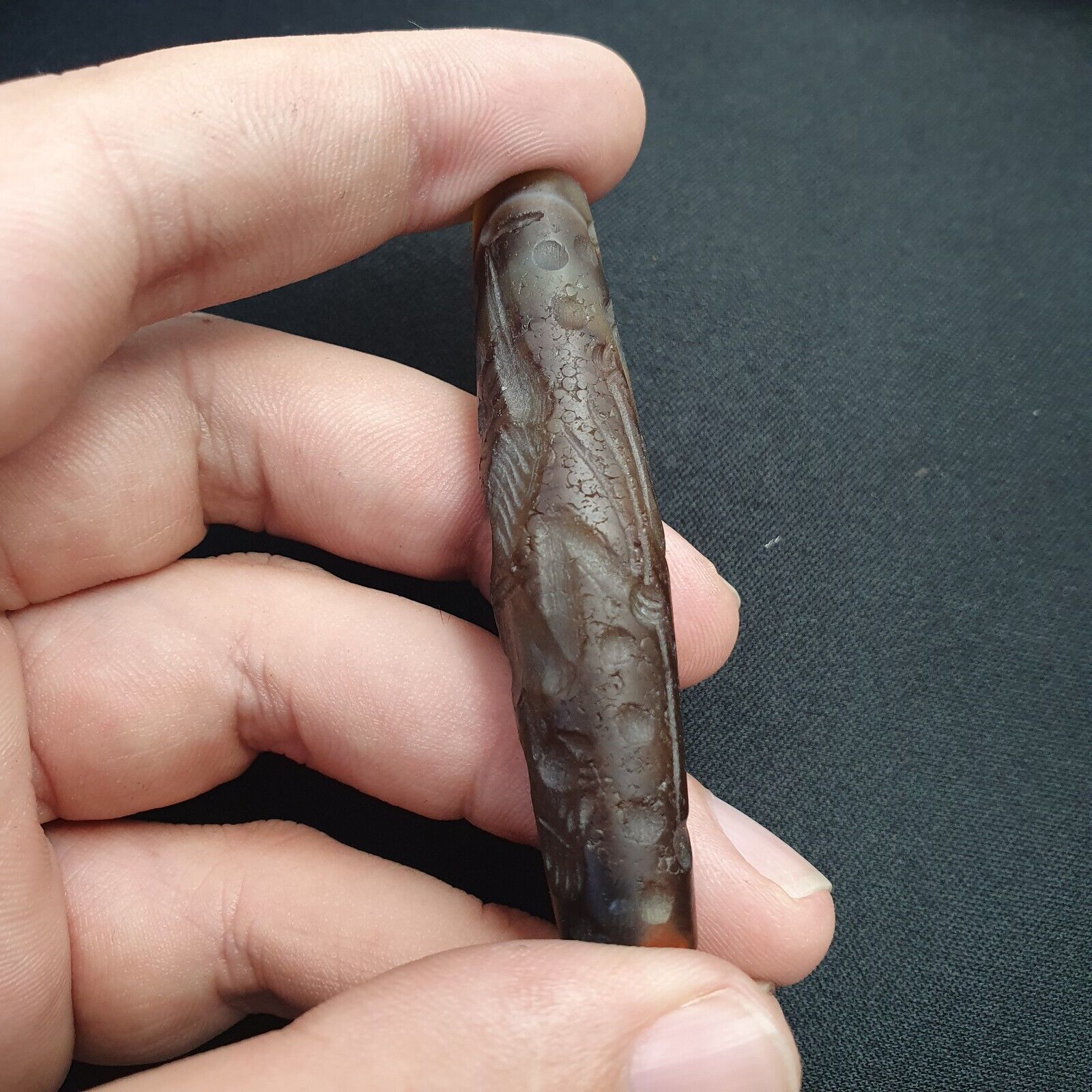 Antique Ancient Indo Tibetan Carving Agate Eye stone Bead Amulet Animal & hunter