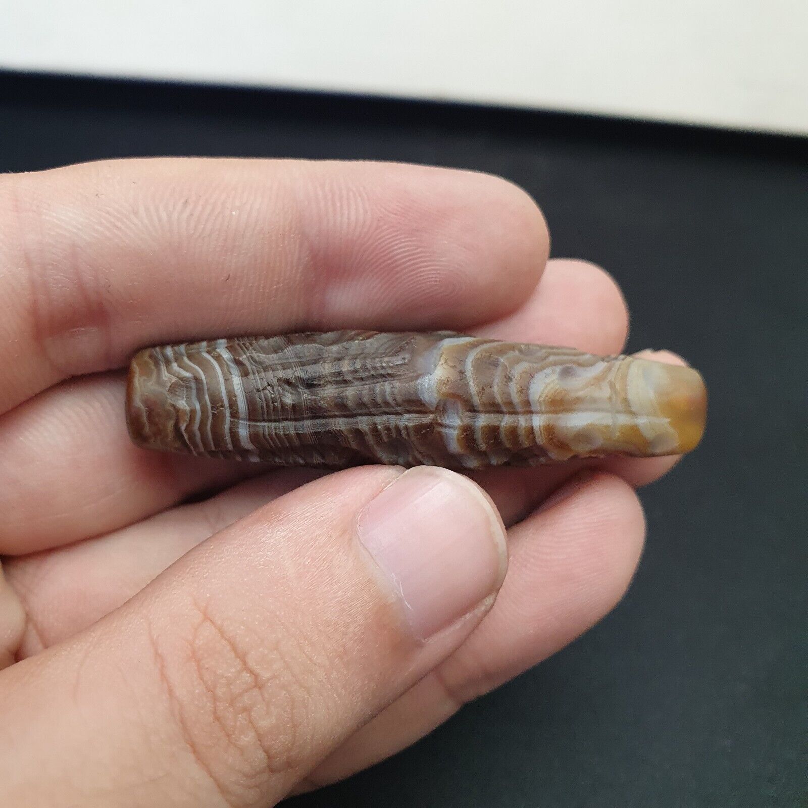 Horse & hunter Antique Ancient Indo Tibetan Carving Agate Eye stone Bead Amulet
