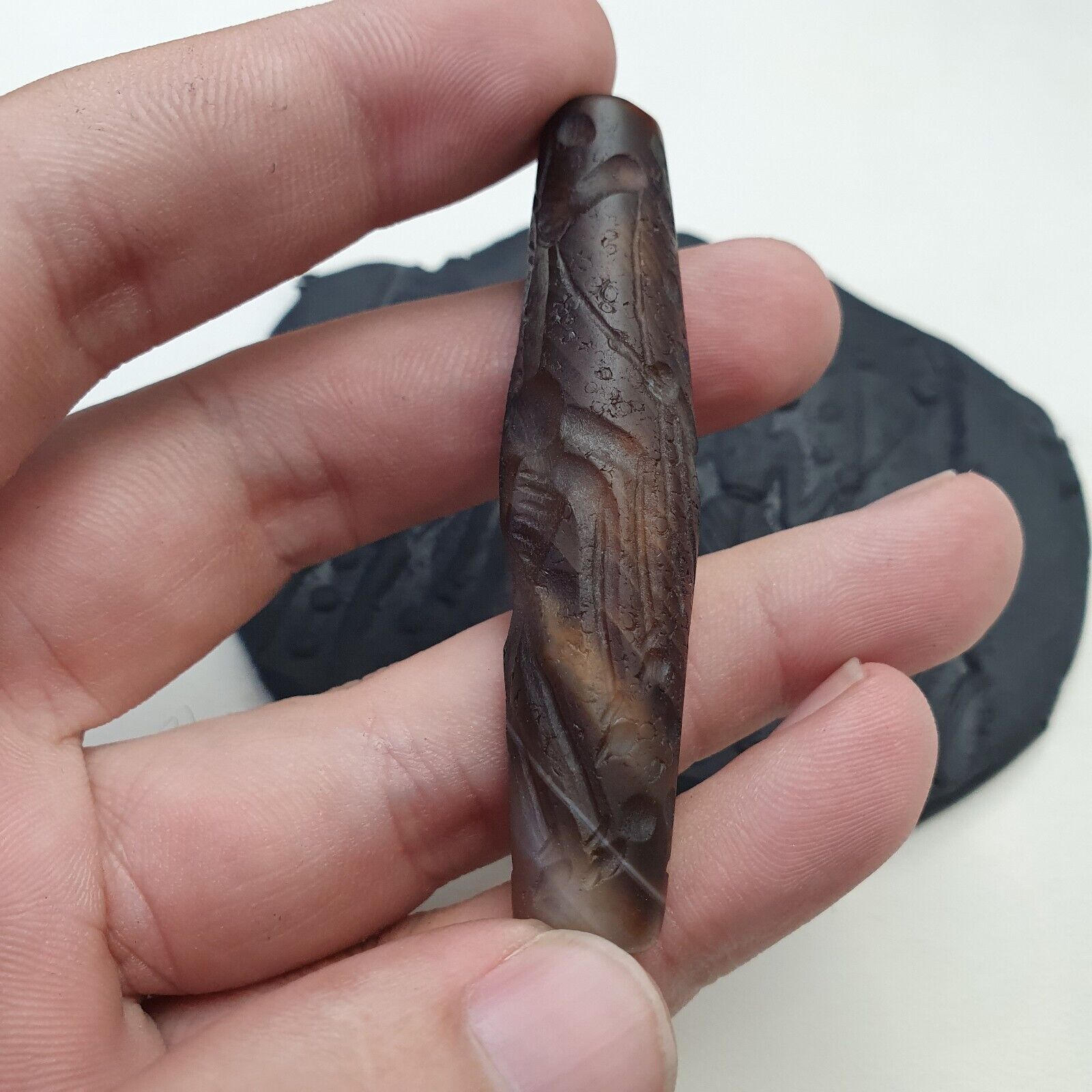 Antique Ancient Indo Tibetan Carving Agate Eye stone Bead Amulet Animal & hunter