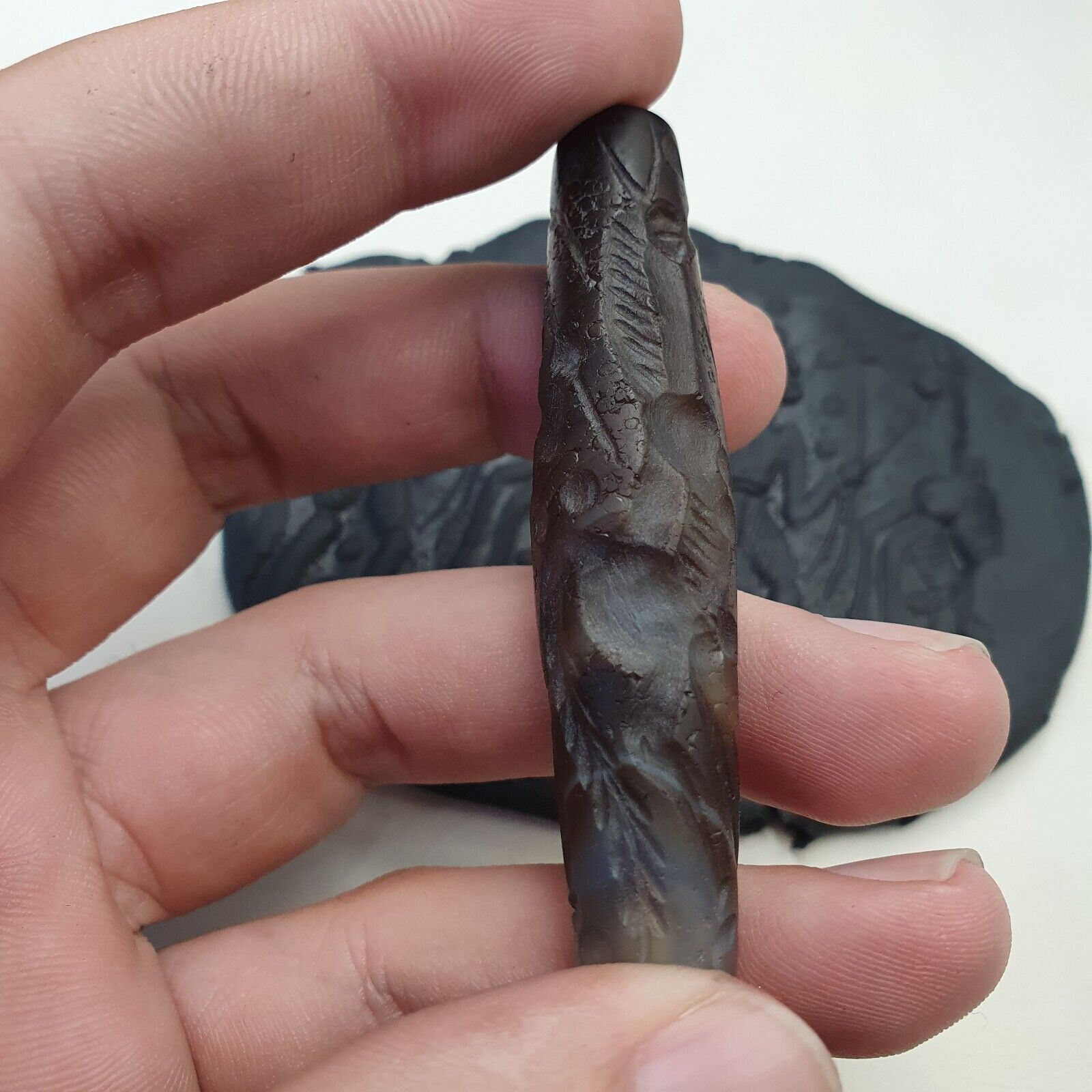Antique Ancient Indo Tibetan Carving Agate Eye stone Bead Amulet Animal & hunter