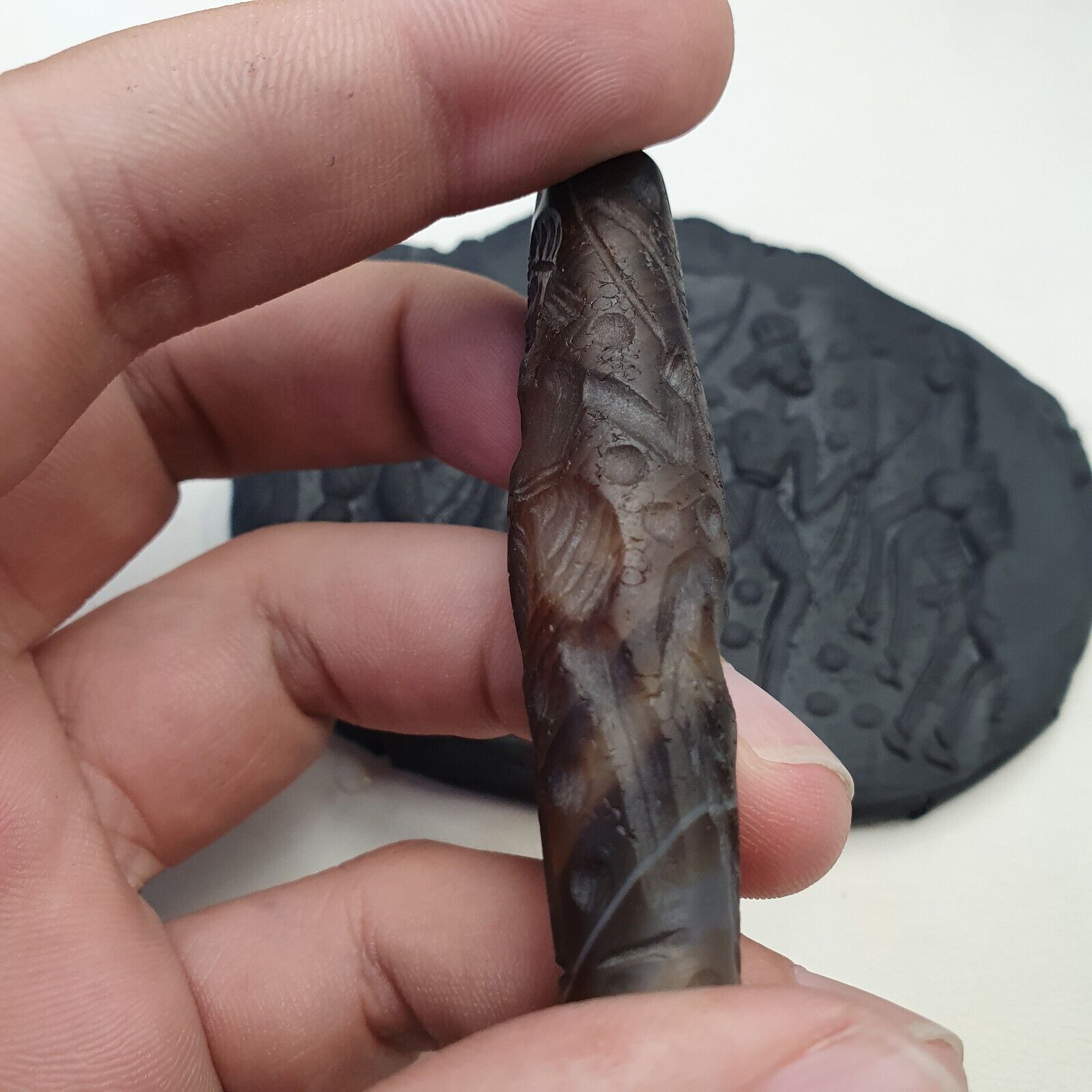 Antique Ancient Indo Tibetan Carving Agate Eye stone Bead Amulet Animal & hunter