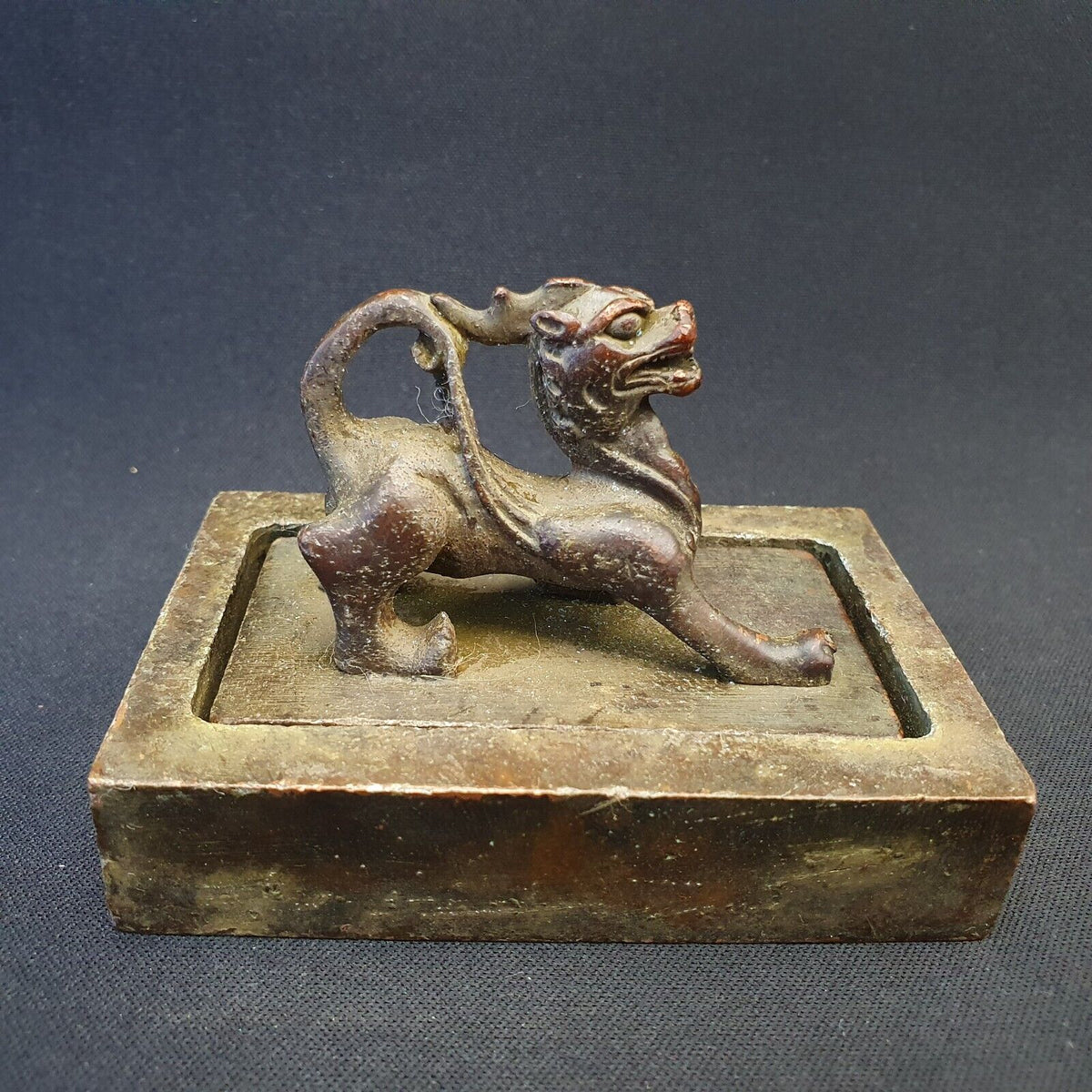 Antique Chinese Bronze Dragon Lion Kings Seal Chop Stamp Nice Patina very Heavy