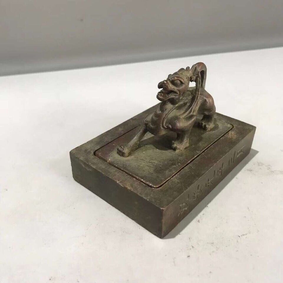Antique Chinese Bronze Dragon Lion Kings Seal Chop Stamp Nice Patina very Heavy