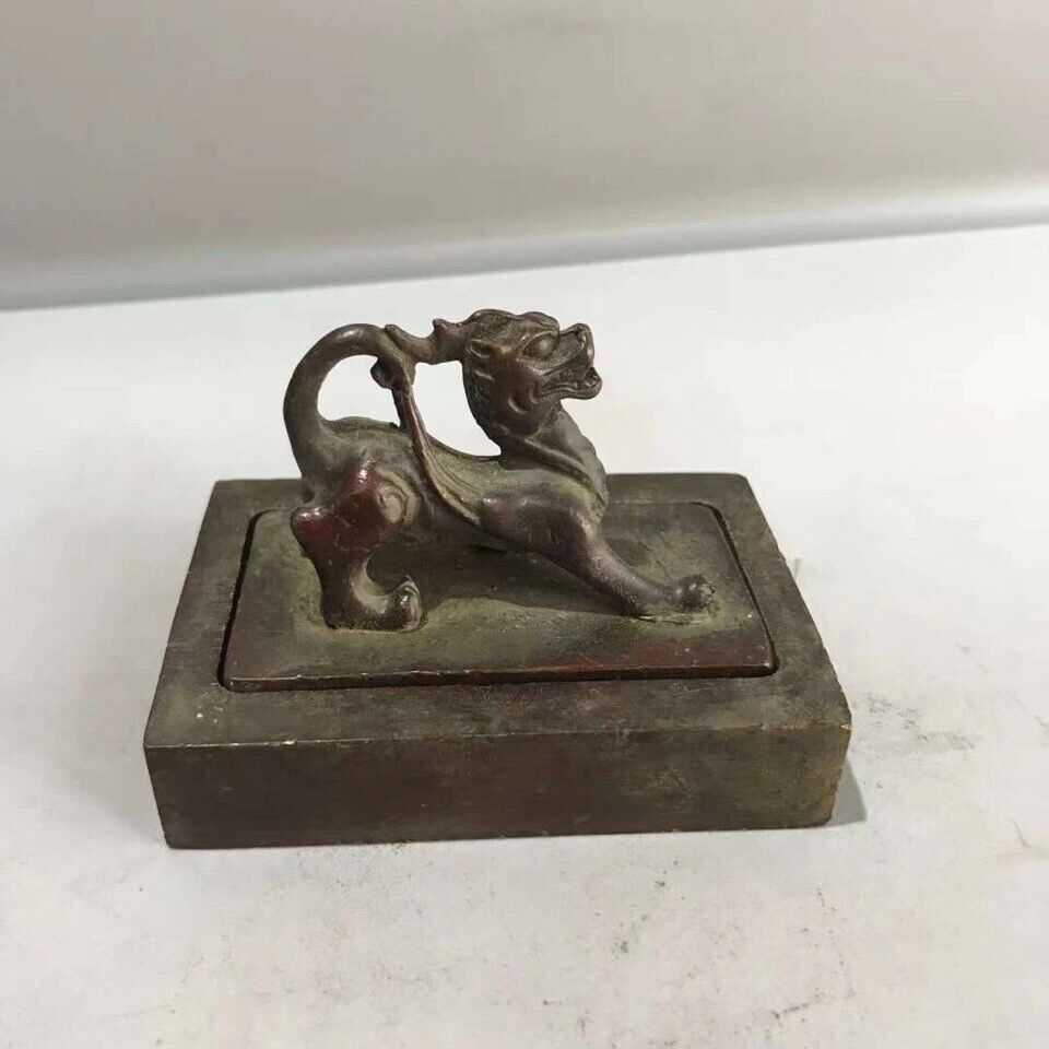 Antique Chinese Bronze Dragon Lion Kings Seal Chop Stamp Nice Patina very Heavy