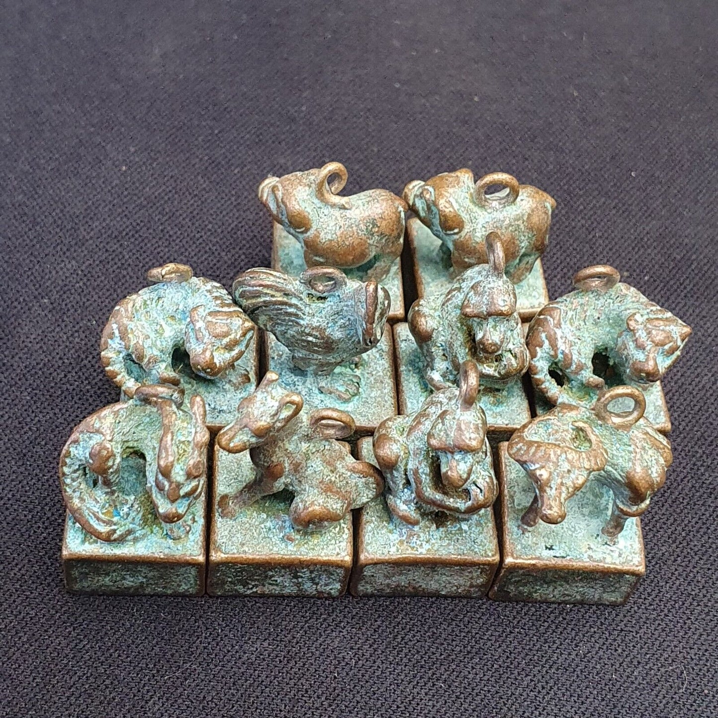 古董中國青銅動物印章郵票精美銅綠 10 件批量