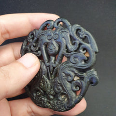 Antique Black Stone Dark Green Jade Stone hand carved Amulet Pendant big Bead