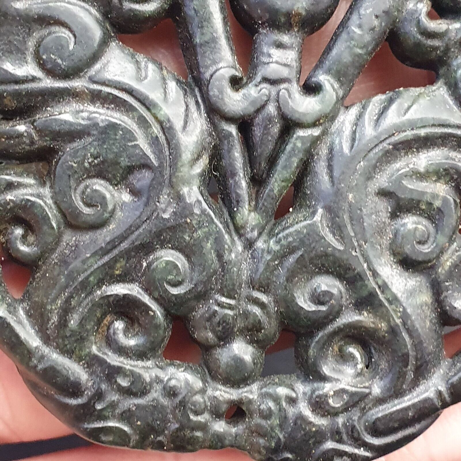 Antique Black Stone Dark Green Jade Stone hand carved Amulet Pendant big Bead