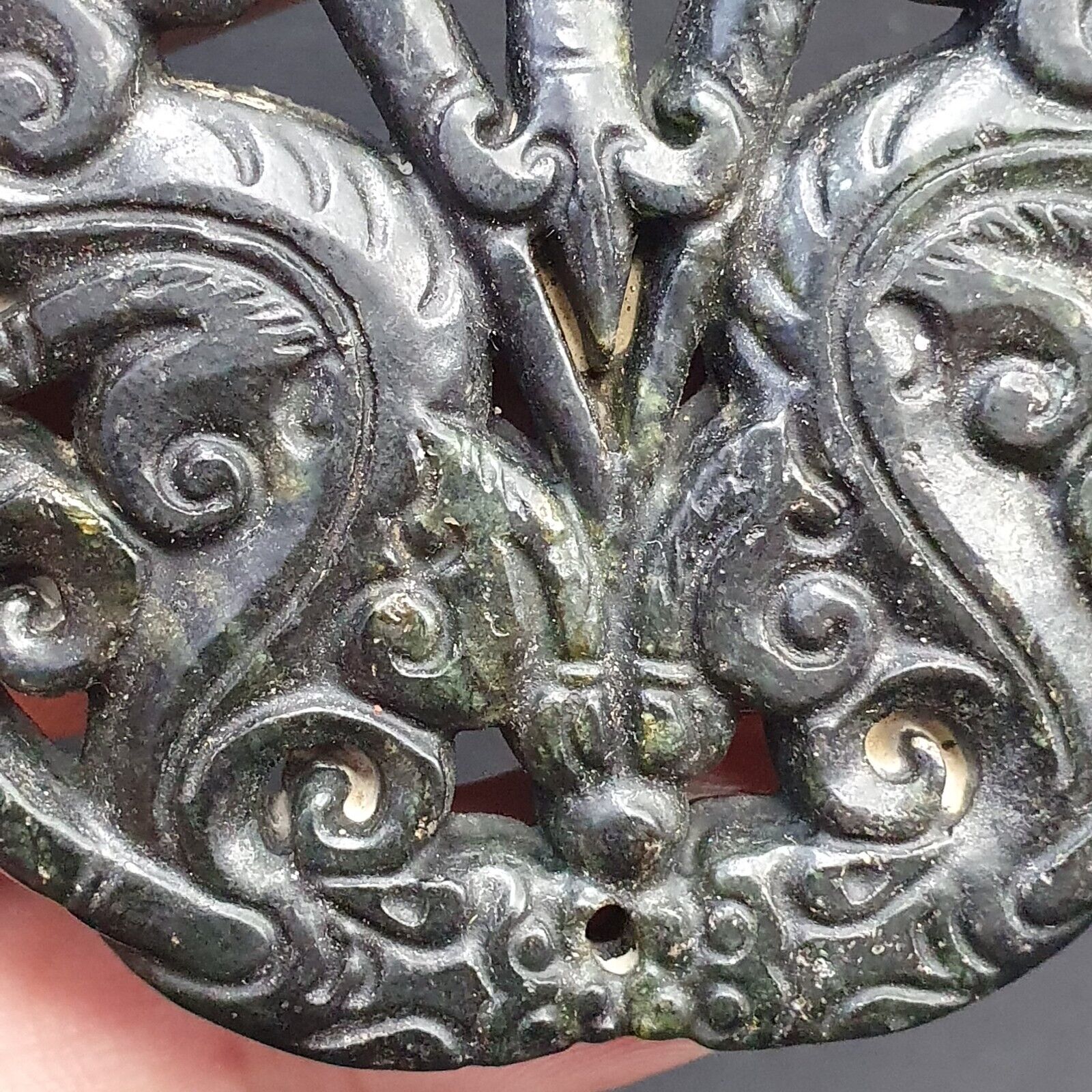 Antique Black Stone Dark Green Jade Stone hand carved Amulet Pendant big Bead