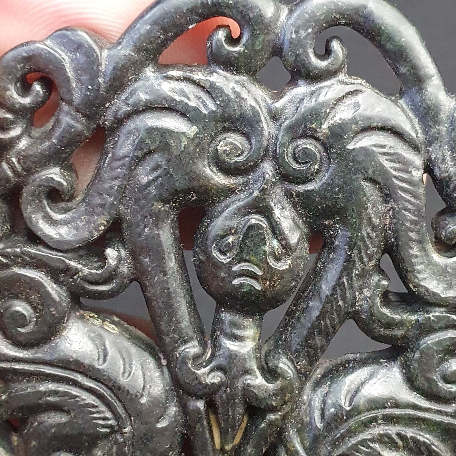 Antique Black Stone Dark Green Jade Stone hand carved Amulet Pendant big Bead
