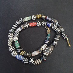 Antique Venetian Black  Italian Lampwork White Feather Beads, African Trade
