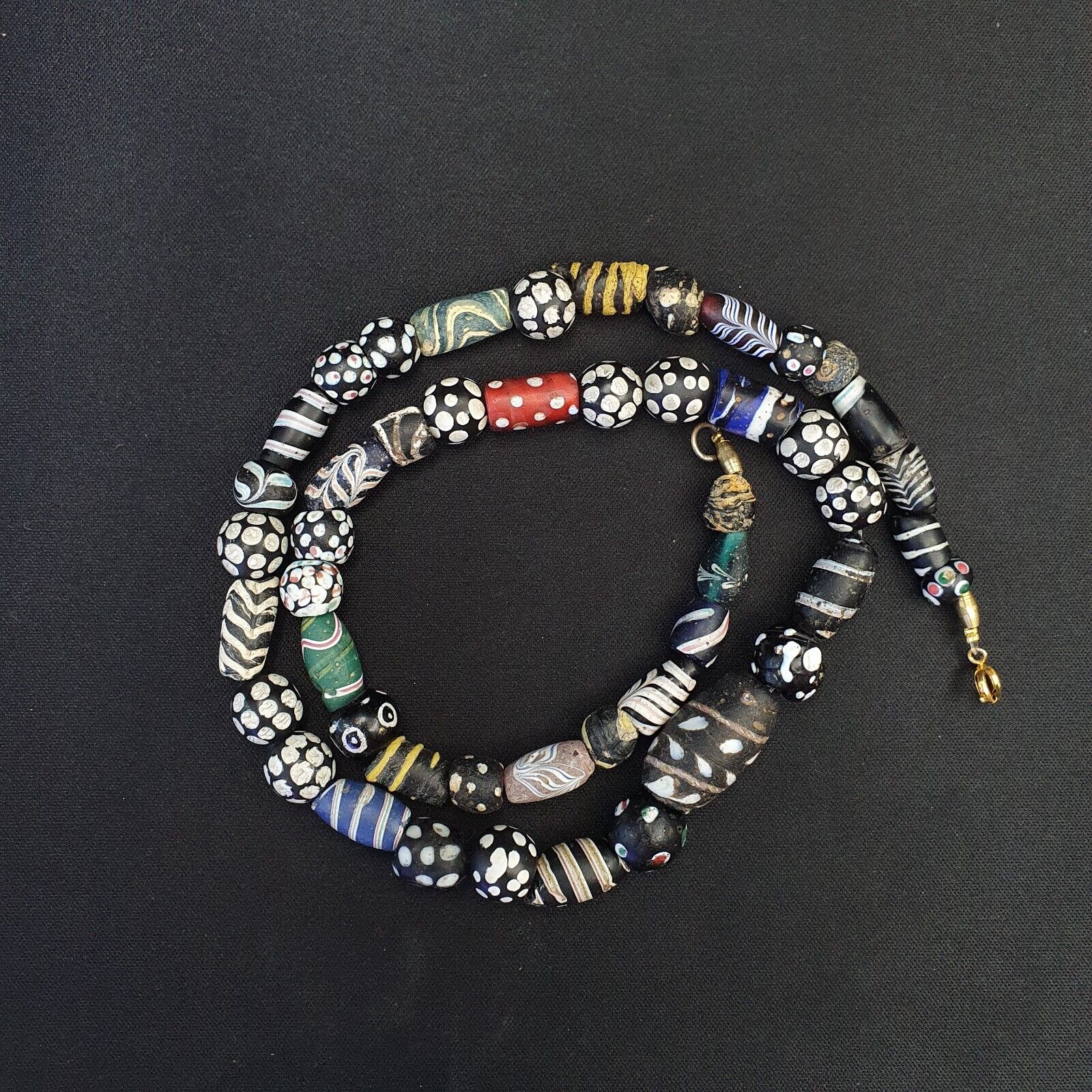 Antique Venetian Black  Italian Lampwork White Feather Beads, African Trade