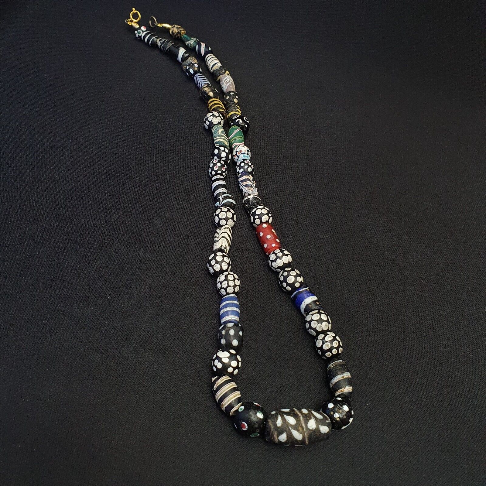 Antique Venetian Black  Italian Lampwork White Feather Beads, African Trade