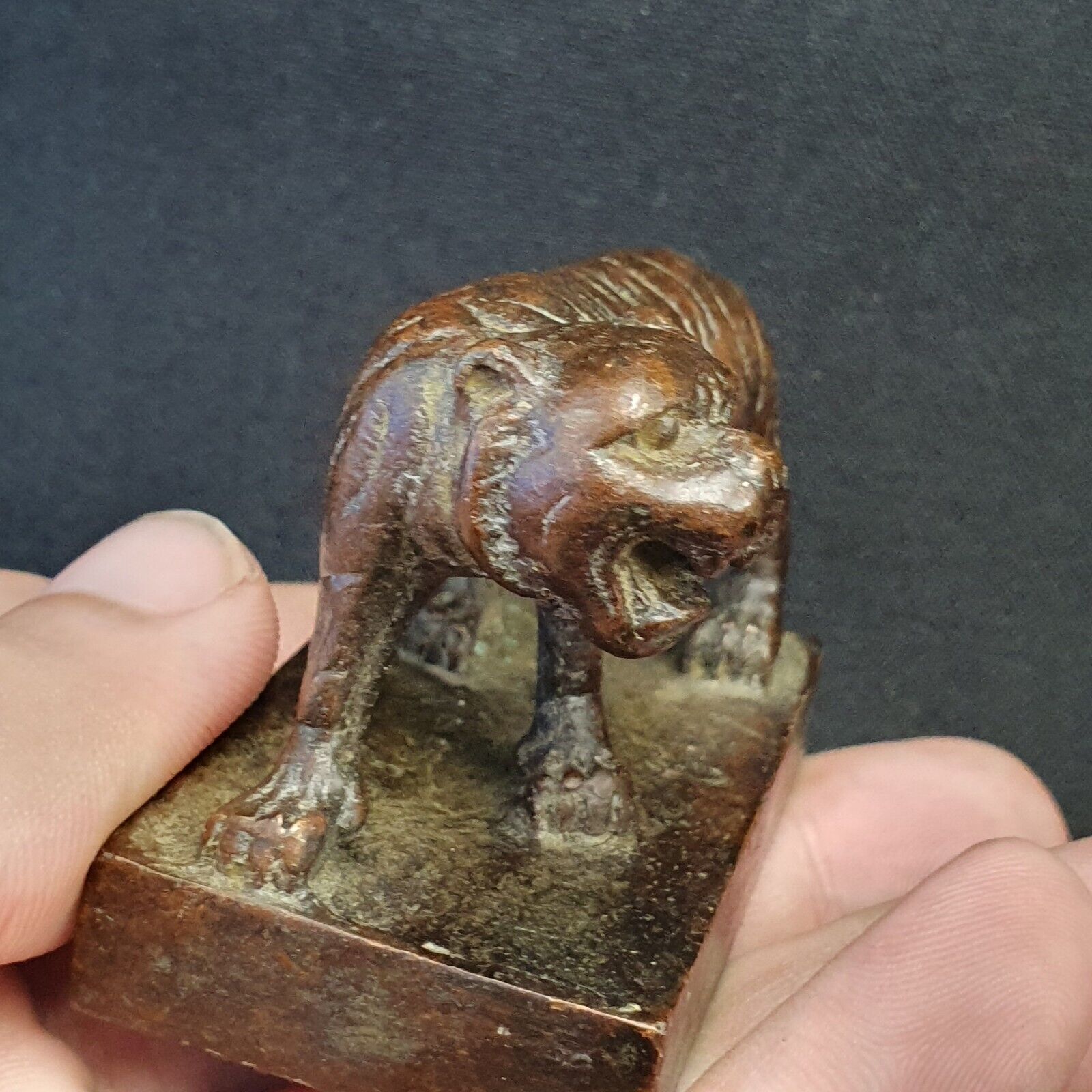 Antiker chinesischer Löwe-Gelehrten-Siegel-Stempel aus Messing und Bronze. Schöne Patina 