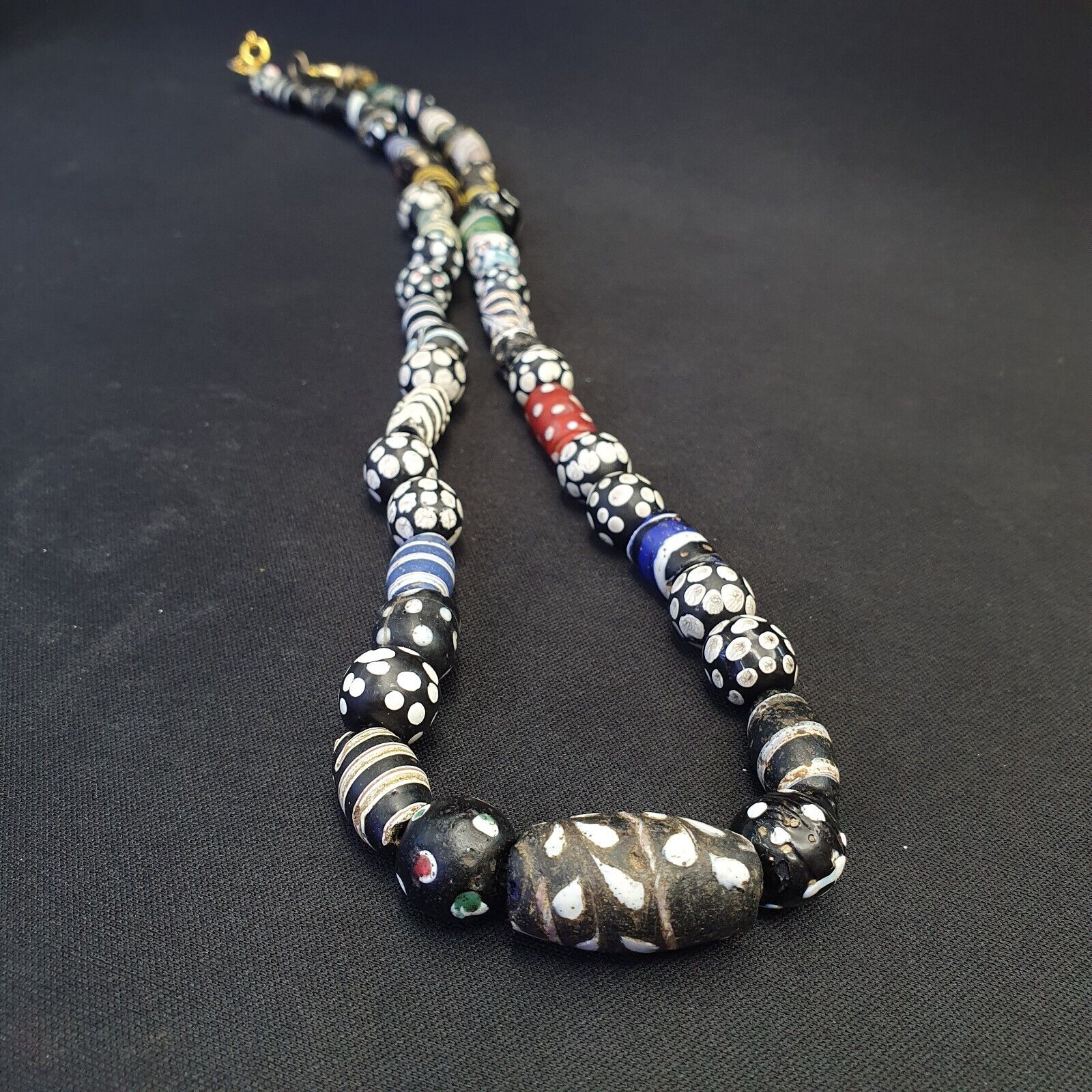 Antique Venetian Black  Italian Lampwork White Feather Beads, African Trade
