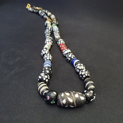 Antique Venetian Black  Italian Lampwork White Feather Beads, African Trade