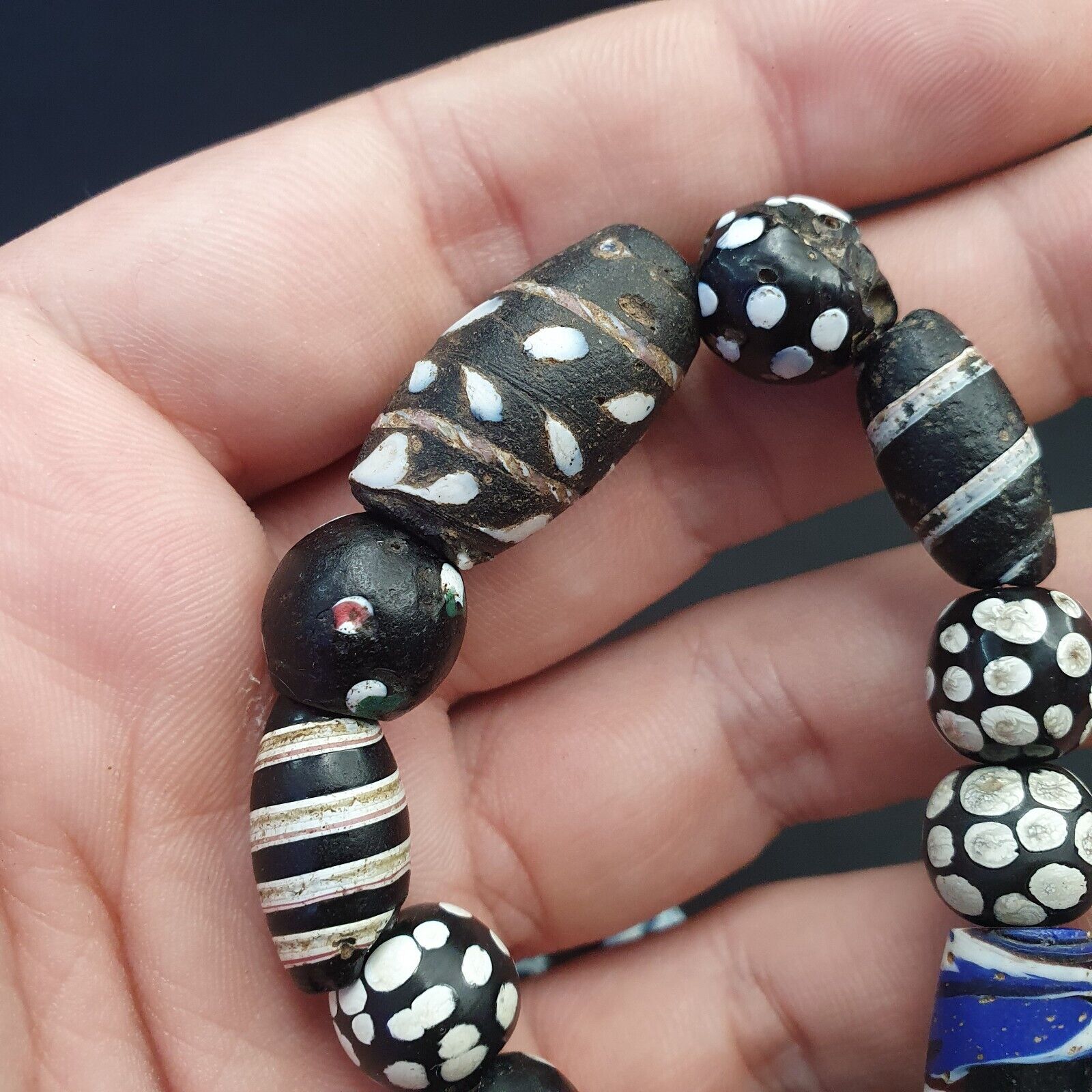 Antique Venetian Black  Italian Lampwork White Feather Beads, African Trade