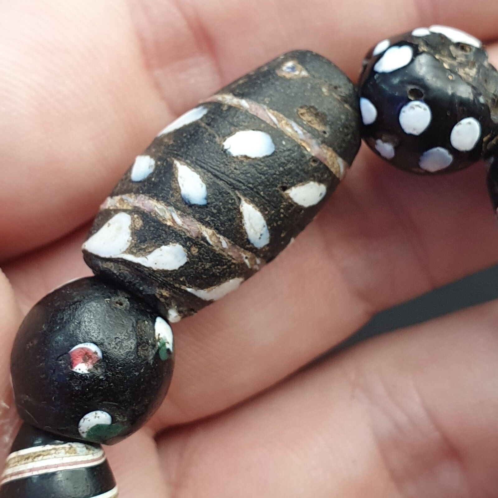Antique Venetian Black  Italian Lampwork White Feather Beads, African Trade