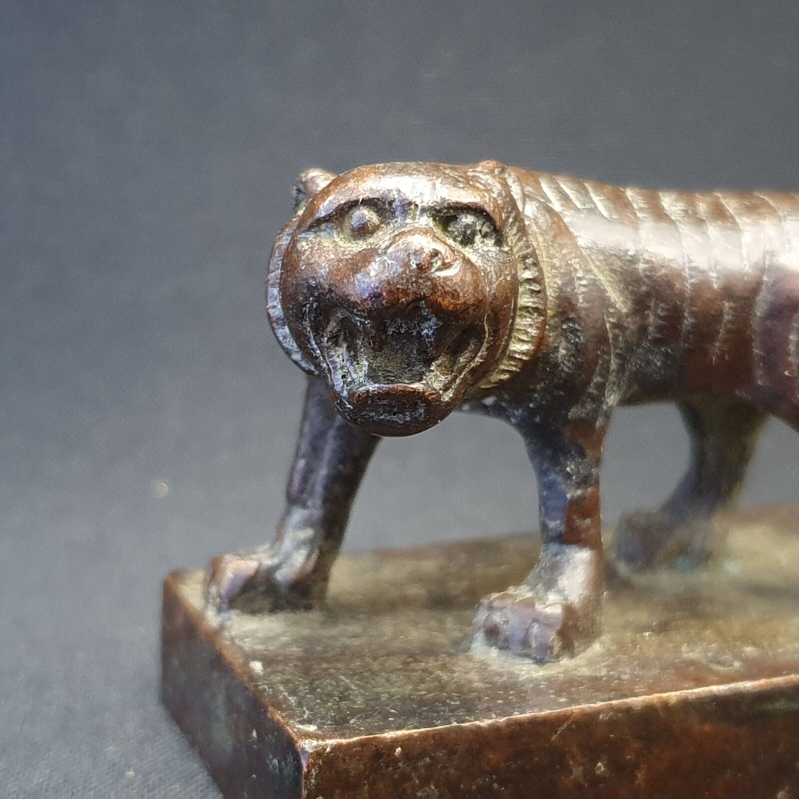Antiker chinesischer Löwe-Gelehrten-Siegel-Stempel aus Messing und Bronze. Schöne Patina 