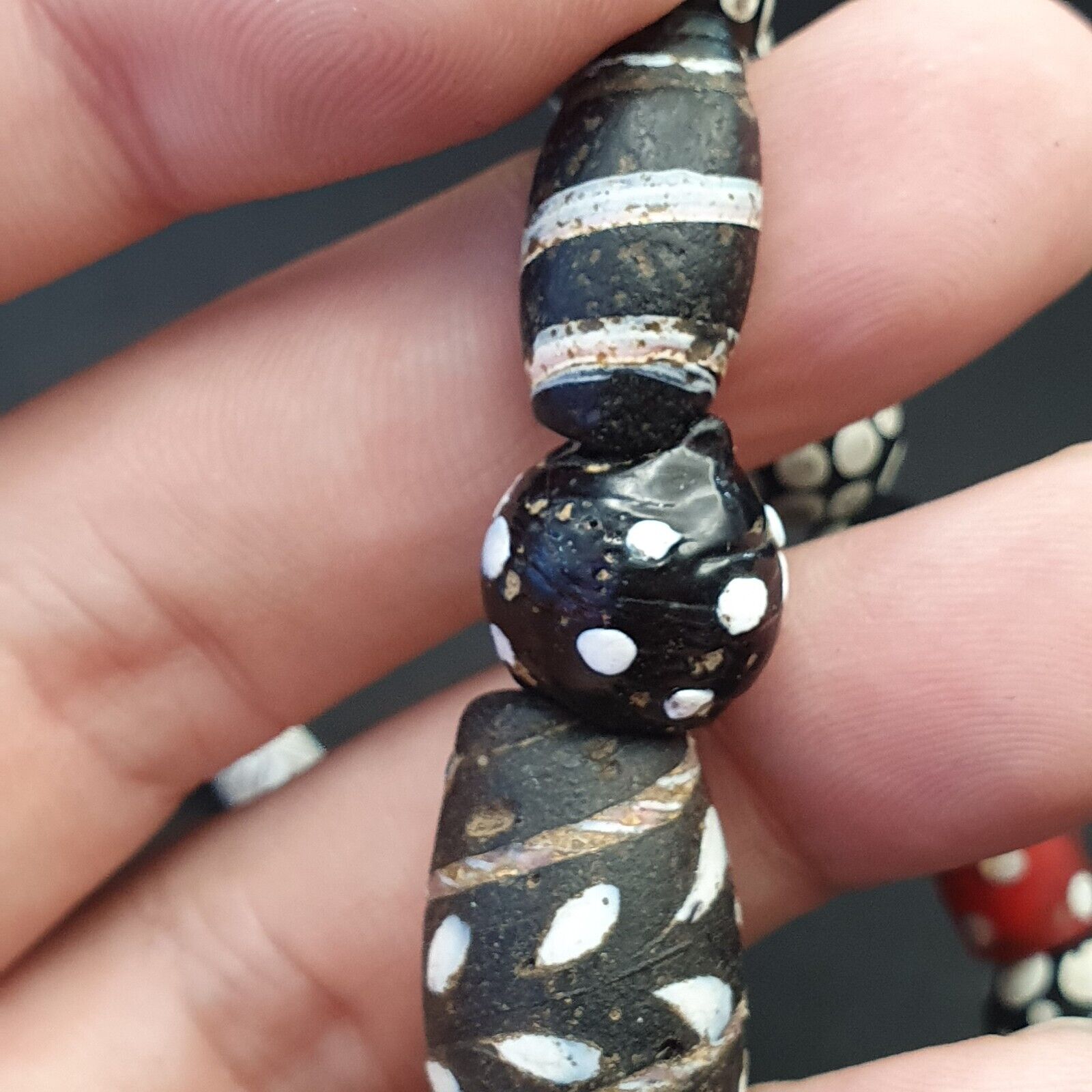 Antique Venetian Black  Italian Lampwork White Feather Beads, African Trade