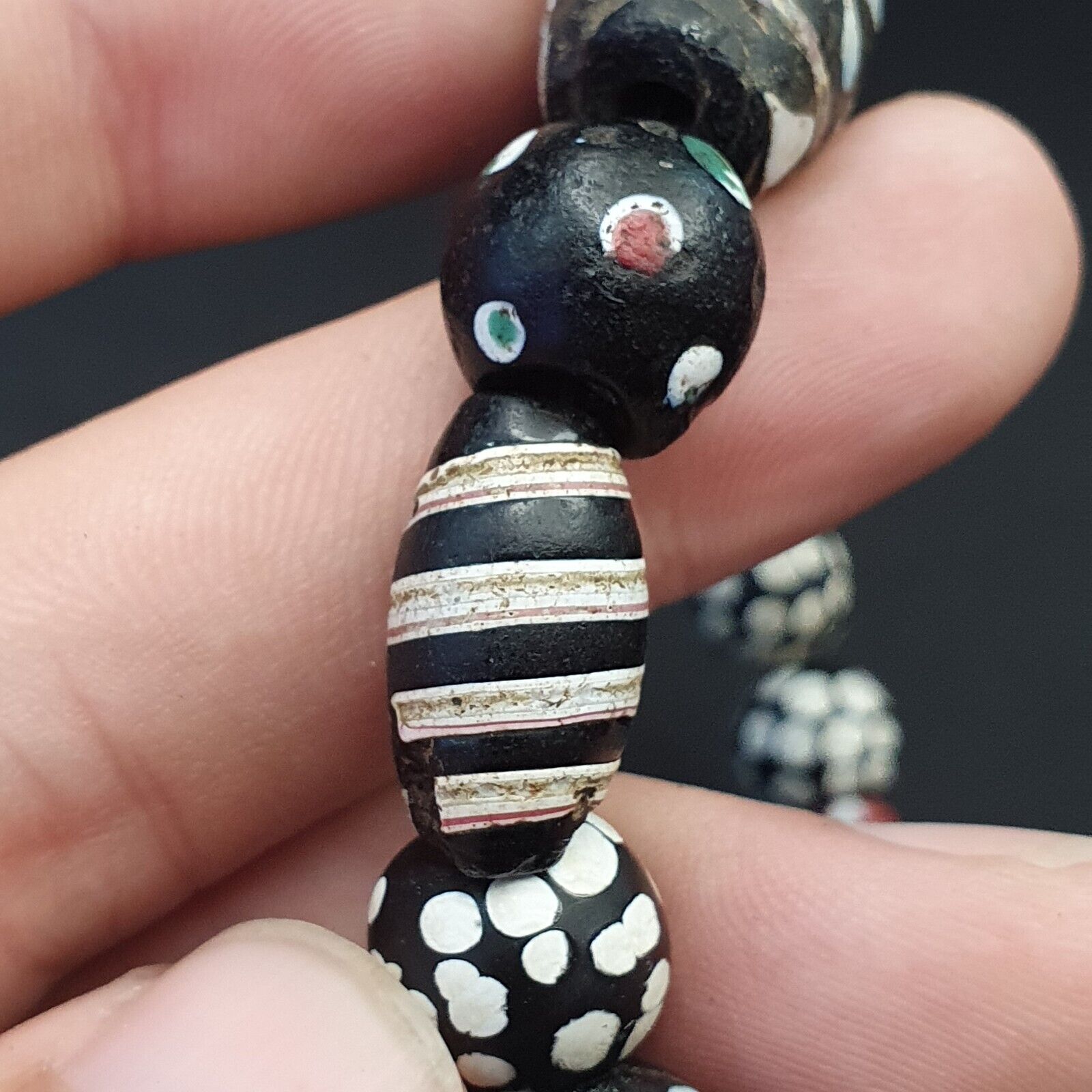 Antique Venetian Black  Italian Lampwork White Feather Beads, African Trade