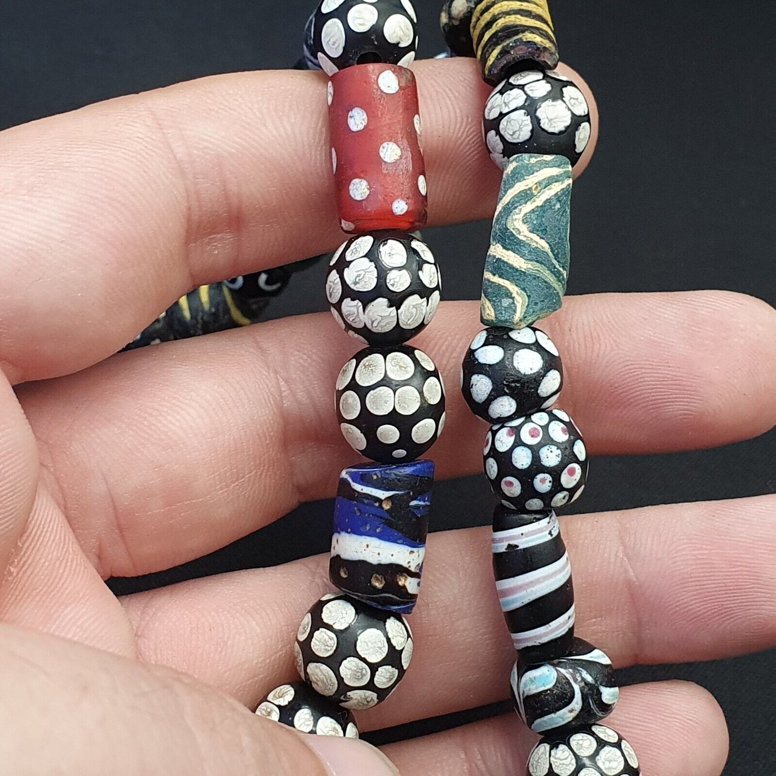 Antique Venetian Black  Italian Lampwork White Feather Beads, African Trade