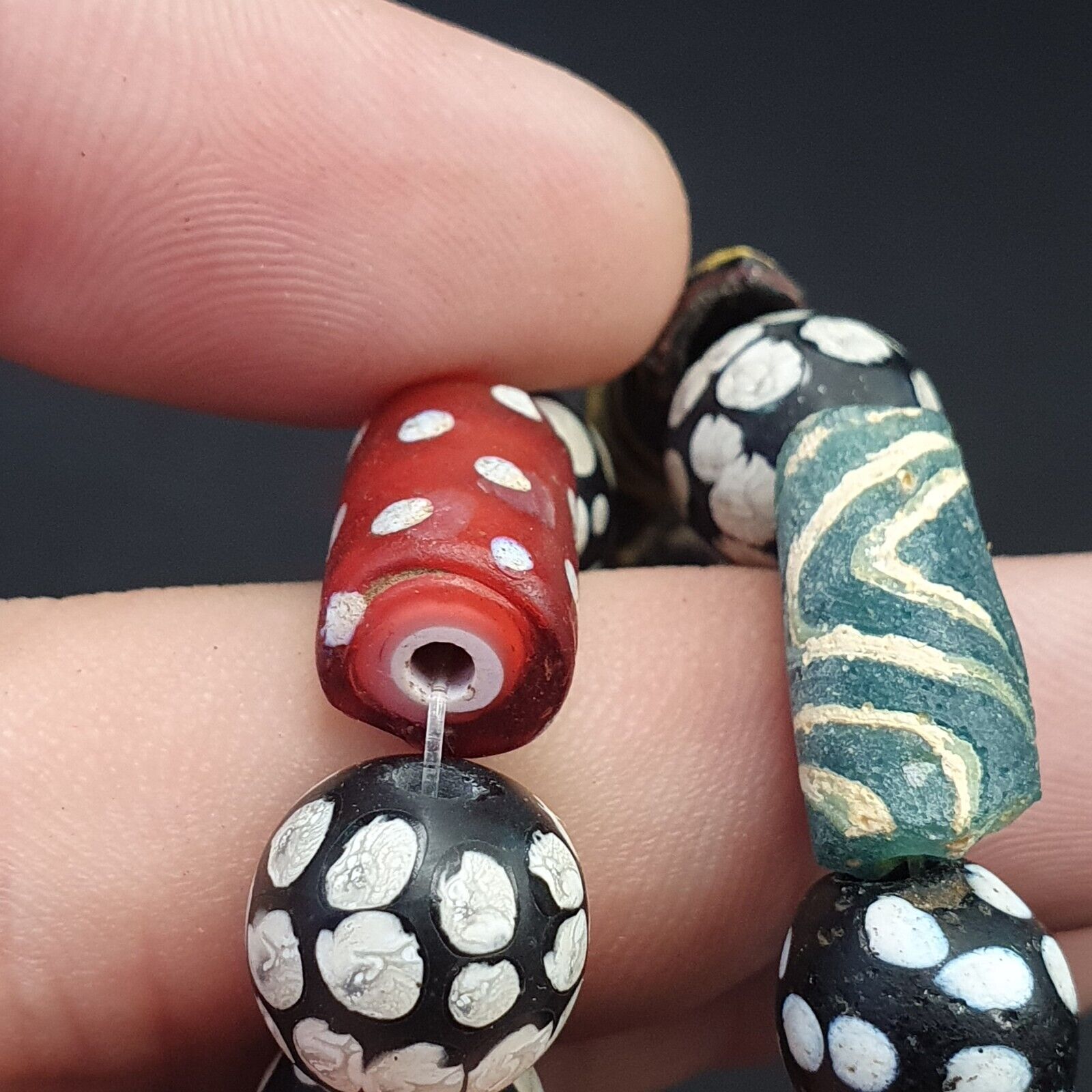 Antique Venetian Black  Italian Lampwork White Feather Beads, African Trade