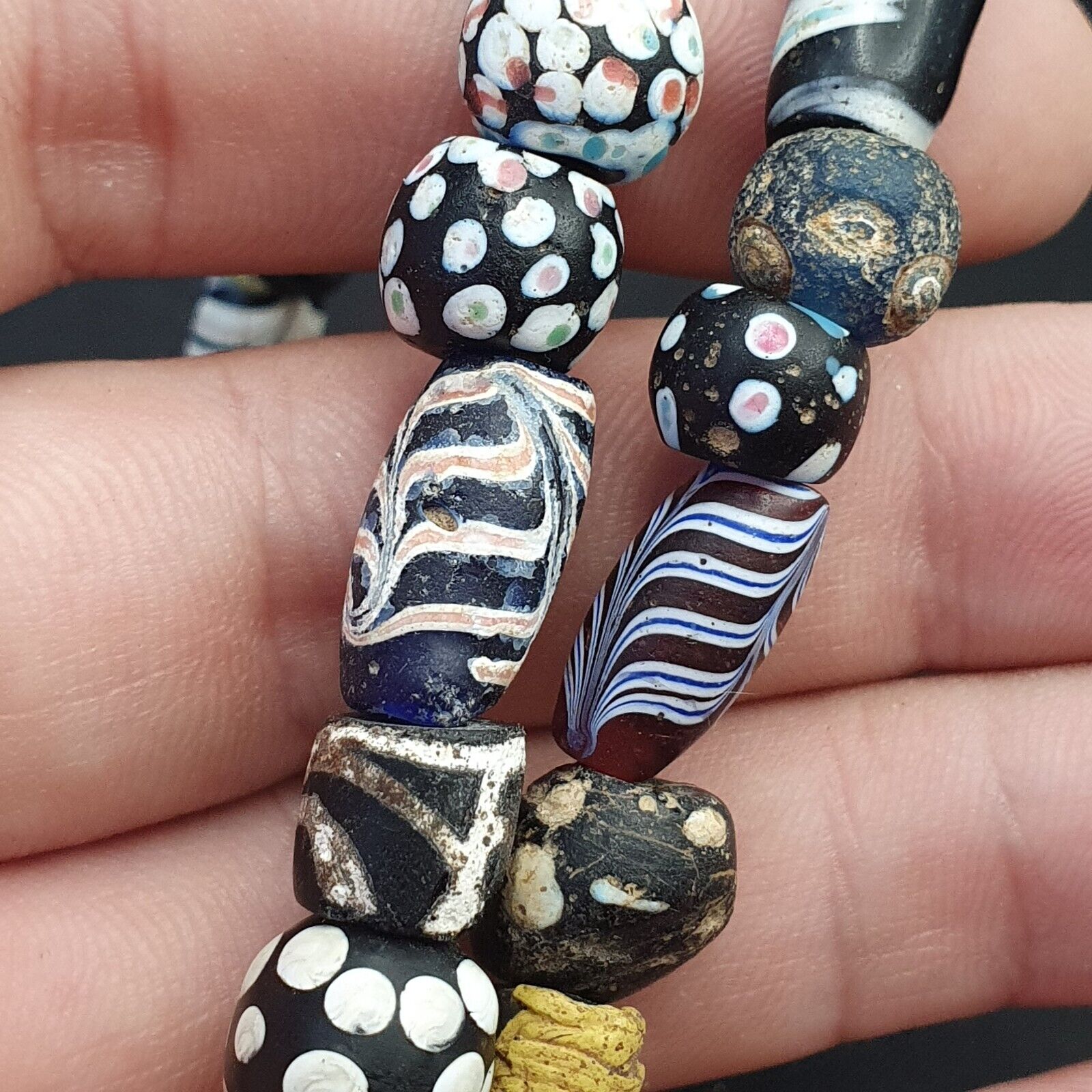 Antique Venetian Black  Italian Lampwork White Feather Beads, African Trade