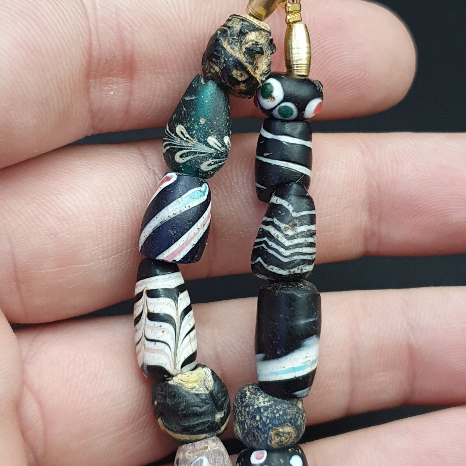 Antique Venetian Black  Italian Lampwork White Feather Beads, African Trade