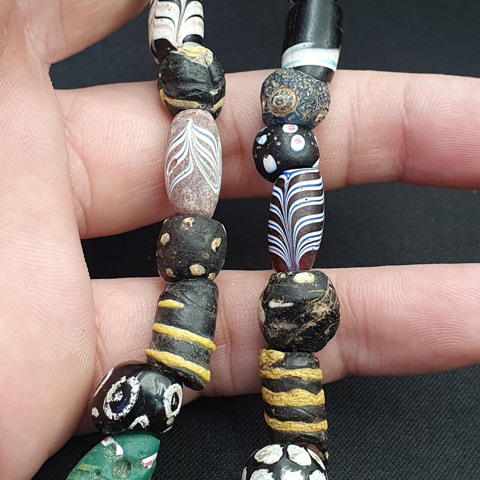 Antique Venetian Black  Italian Lampwork White Feather Beads, African Trade