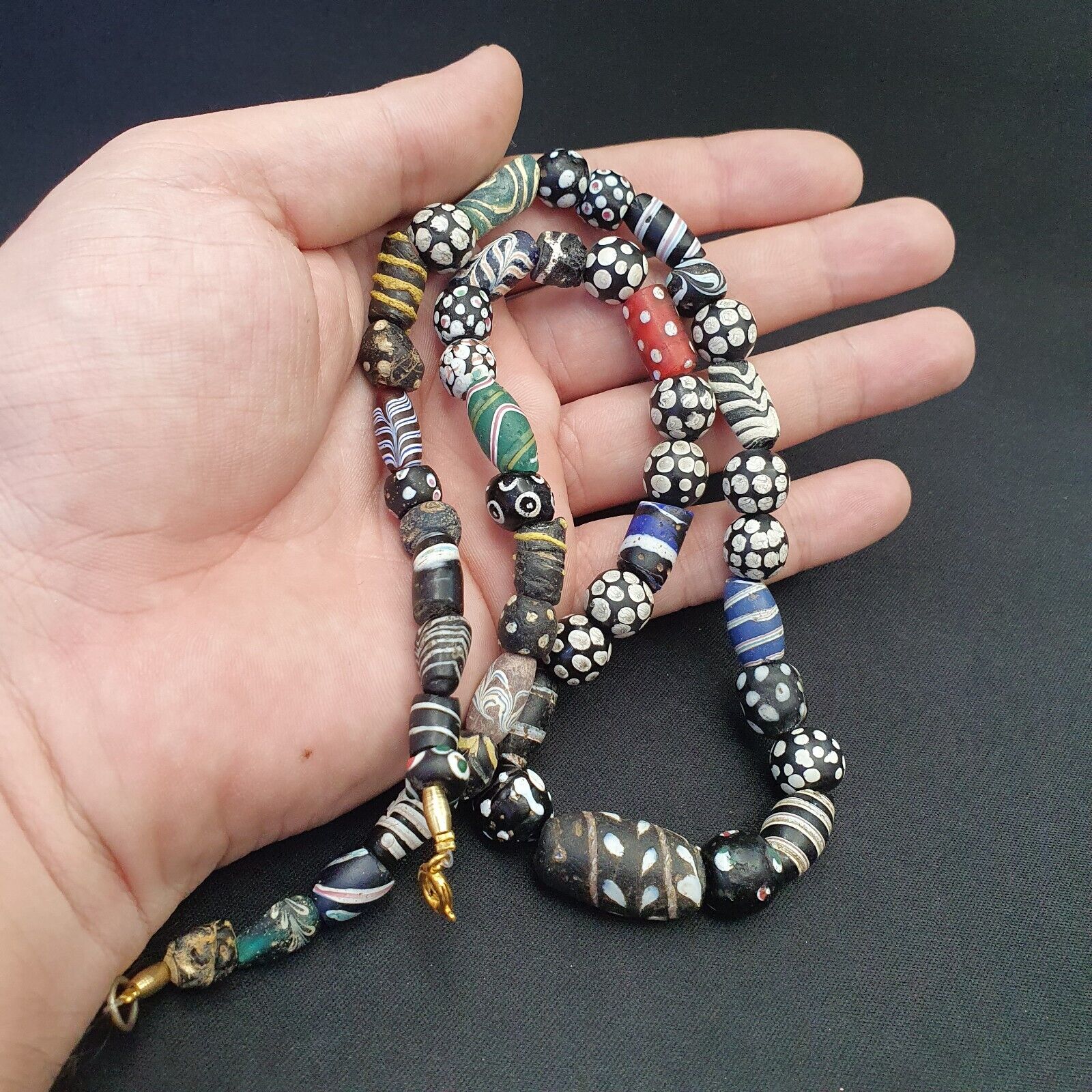 Antique Venetian Black  Italian Lampwork White Feather Beads, African Trade