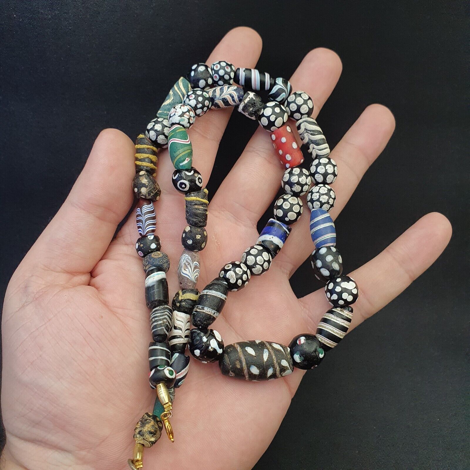 Antique Venetian Black  Italian Lampwork White Feather Beads, African Trade