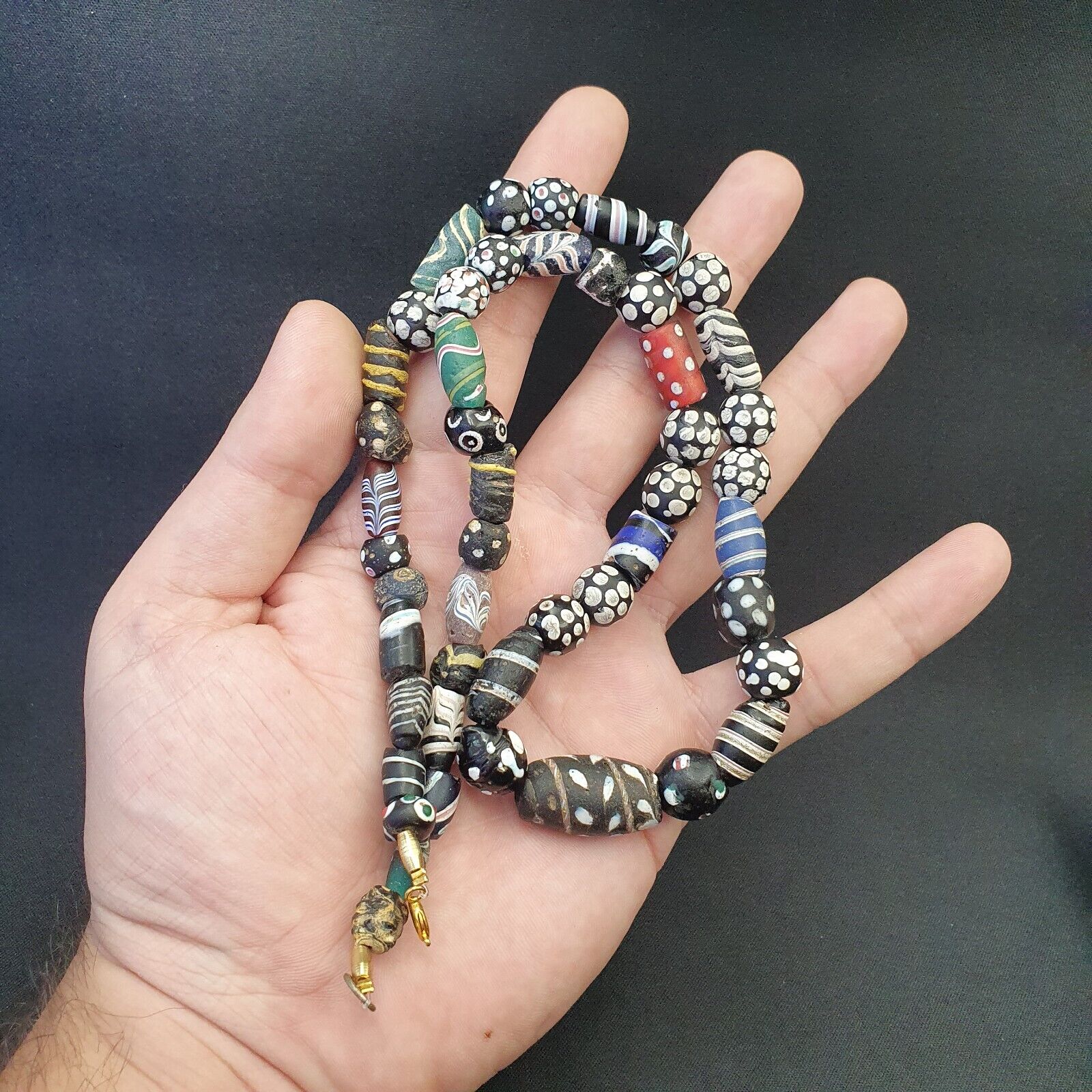 Antique Venetian Black  Italian Lampwork White Feather Beads, African Trade