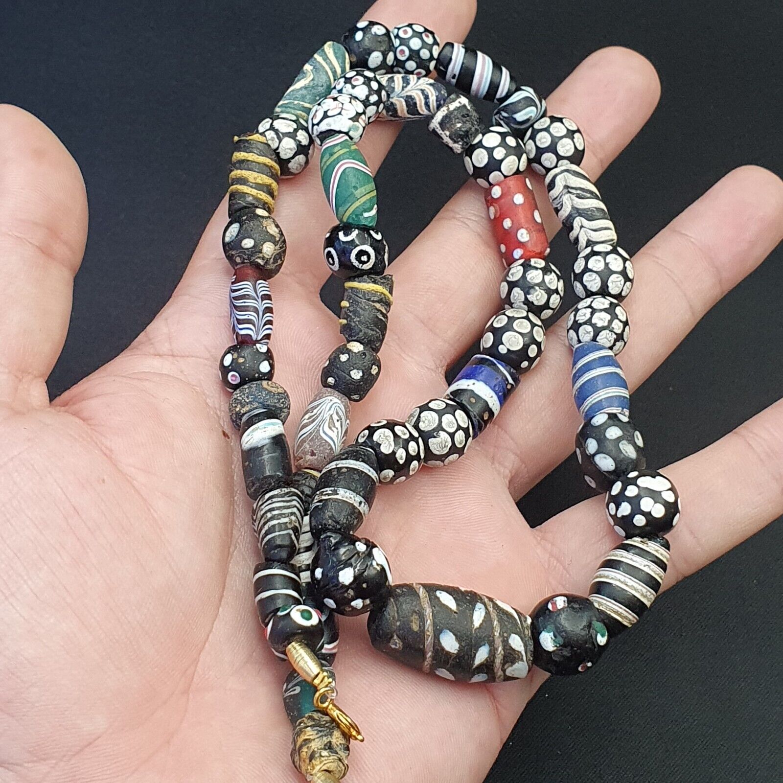 Antique Venetian Black  Italian Lampwork White Feather Beads, African Trade