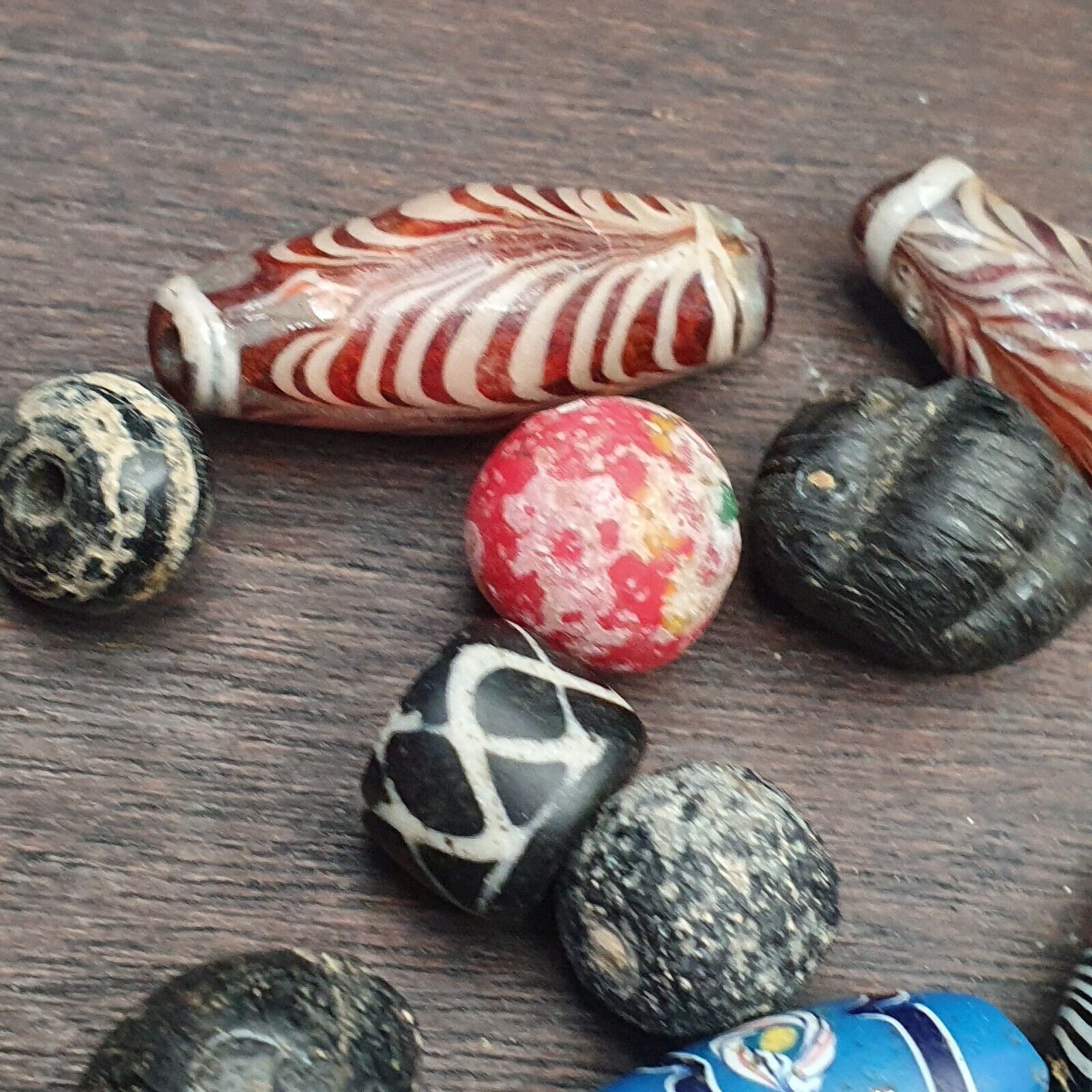 Lot of 12 Antique Mosaic Glass Feather Dotted Glass beads