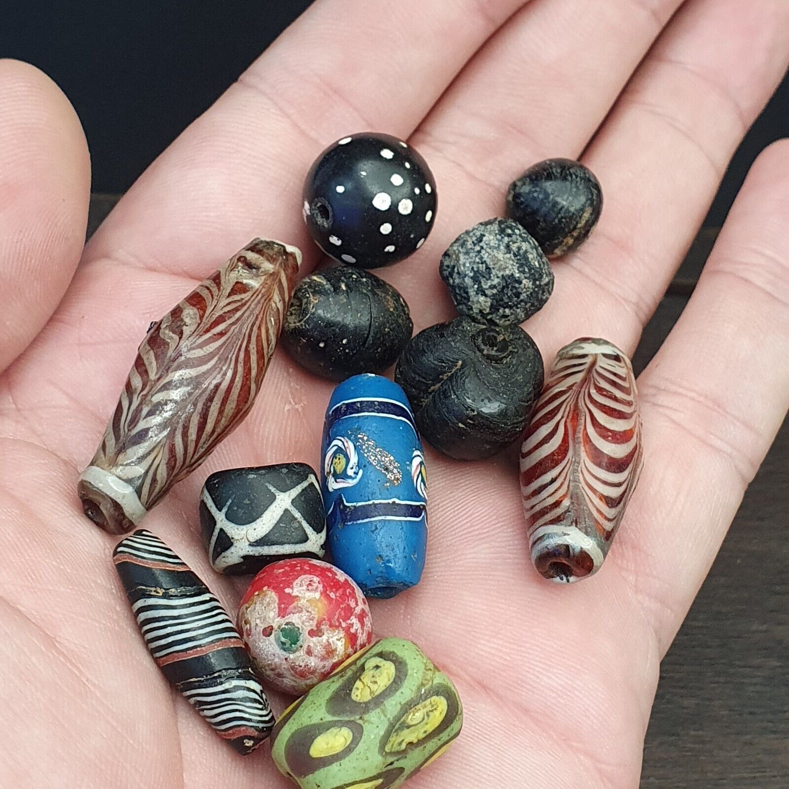 Lot of 12 Antique Mosaic Glass Feather Dotted Glass beads