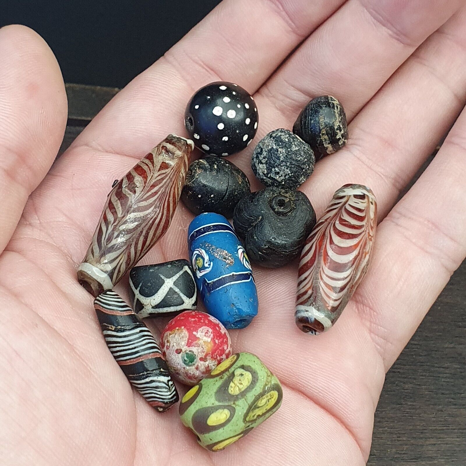 Lot of 12 Antique Mosaic Glass Feather Dotted Glass beads