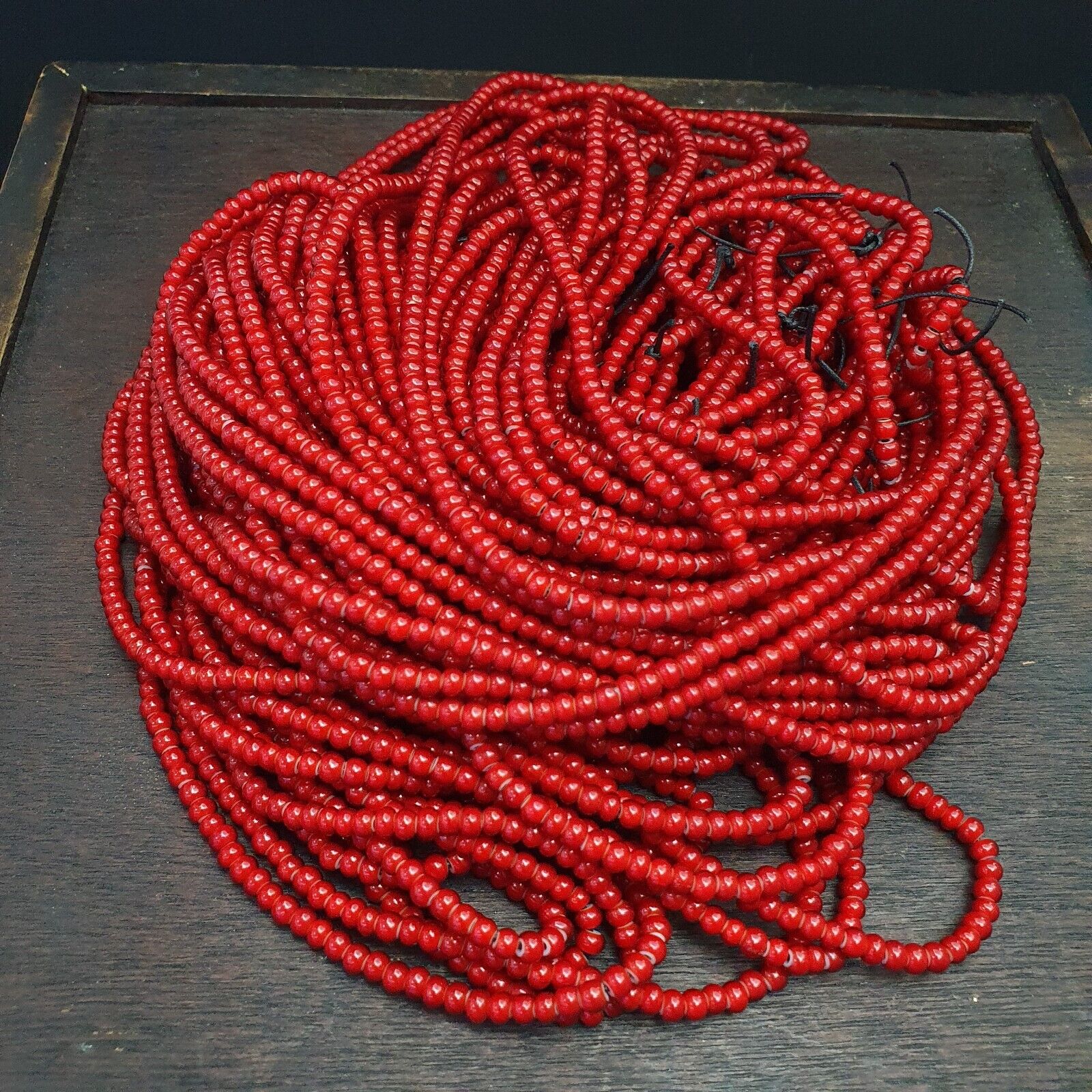 Lot 10 Strands 4.5 mm Antique Venetian RED White Heart Trade Beads long strands