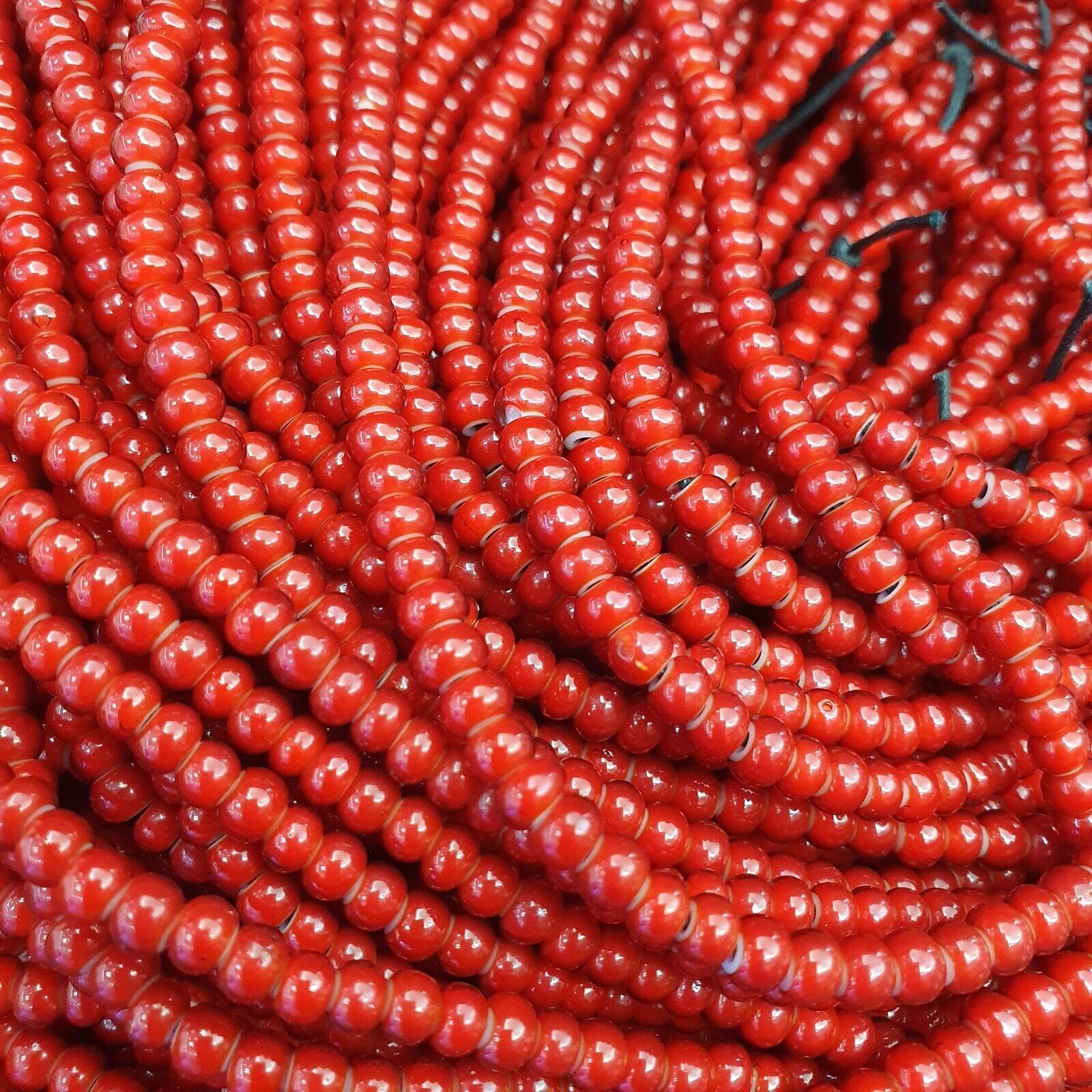 Lot 10 Strands 4.5 mm Antique Venetian RED White Heart Trade Beads long strands