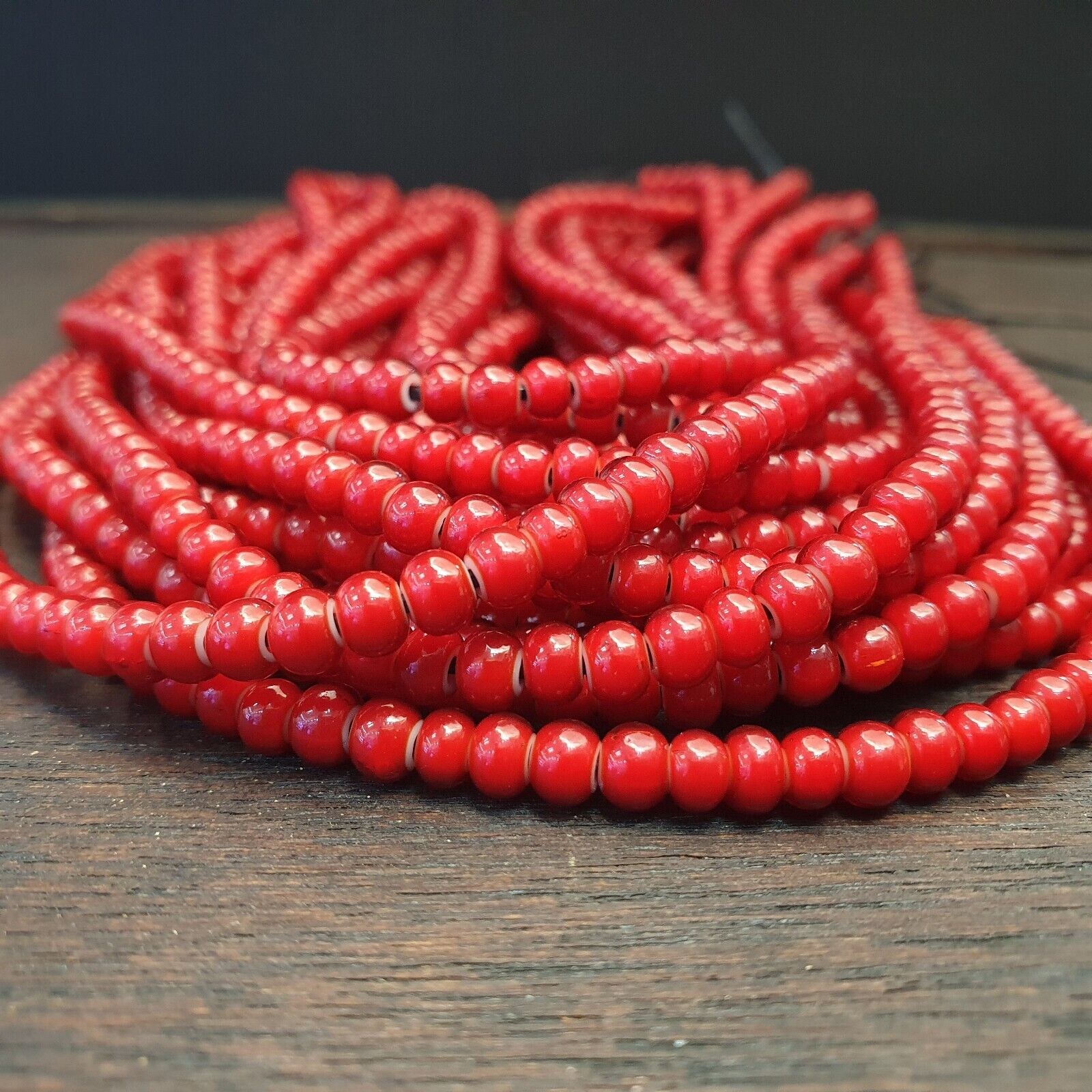 Lot 10 Strands 4.5 mm Antique Venetian RED White Heart Trade Beads long strands