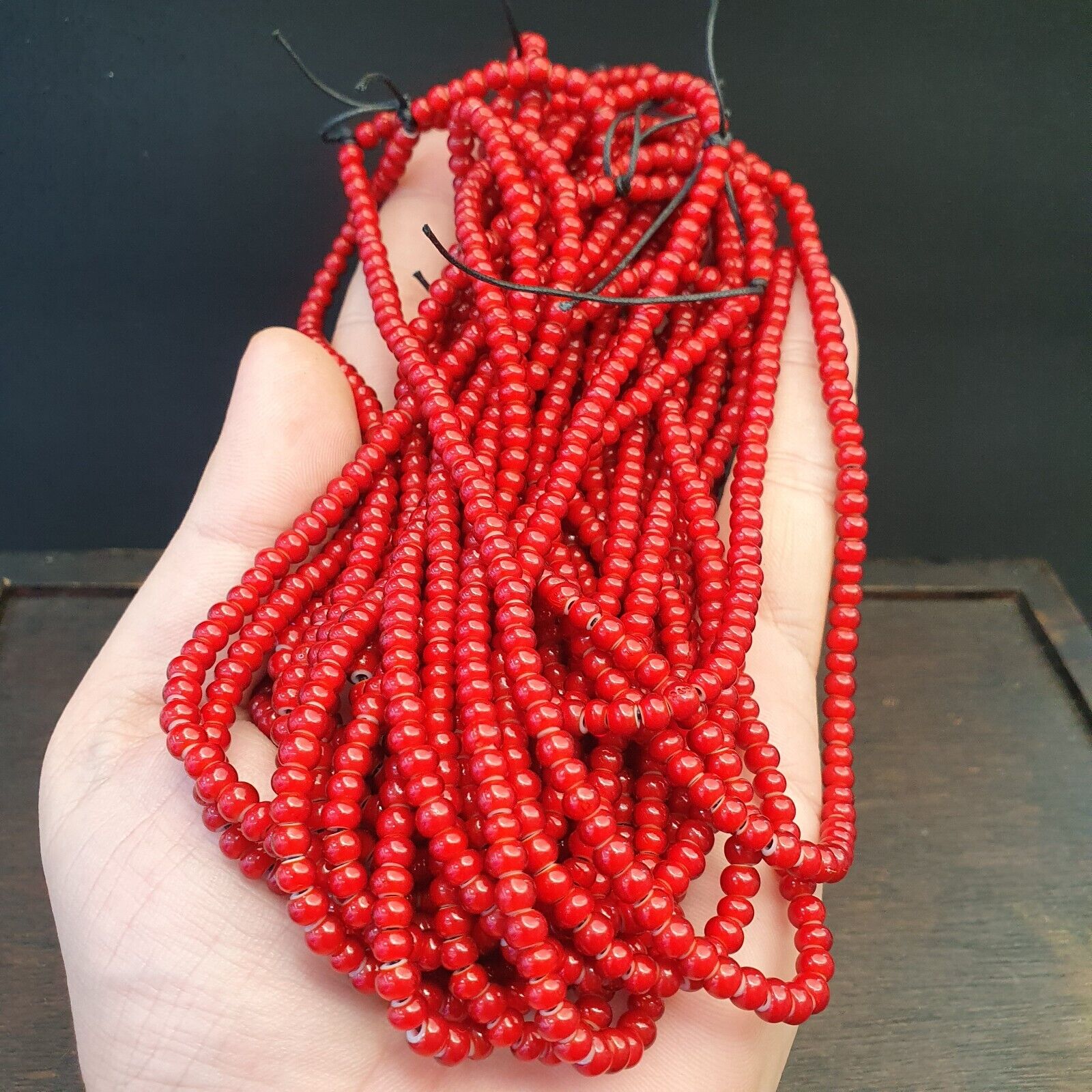Lot 10 Strands 4.5 mm Antique Venetian RED White Heart Trade Beads long strands