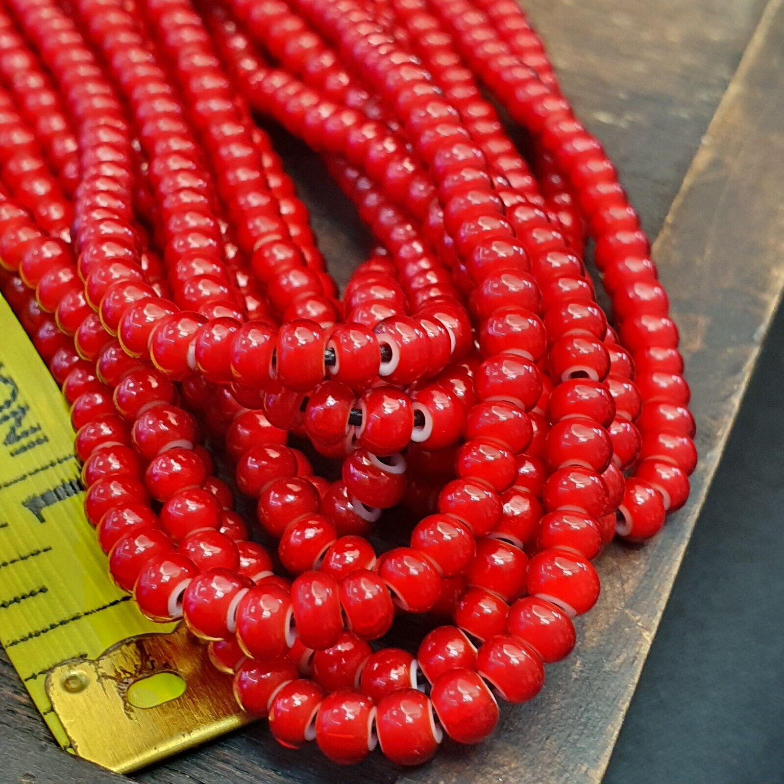 Lot 10 Strands 4.5 mm Antique Venetian RED White Heart Trade Beads long strands