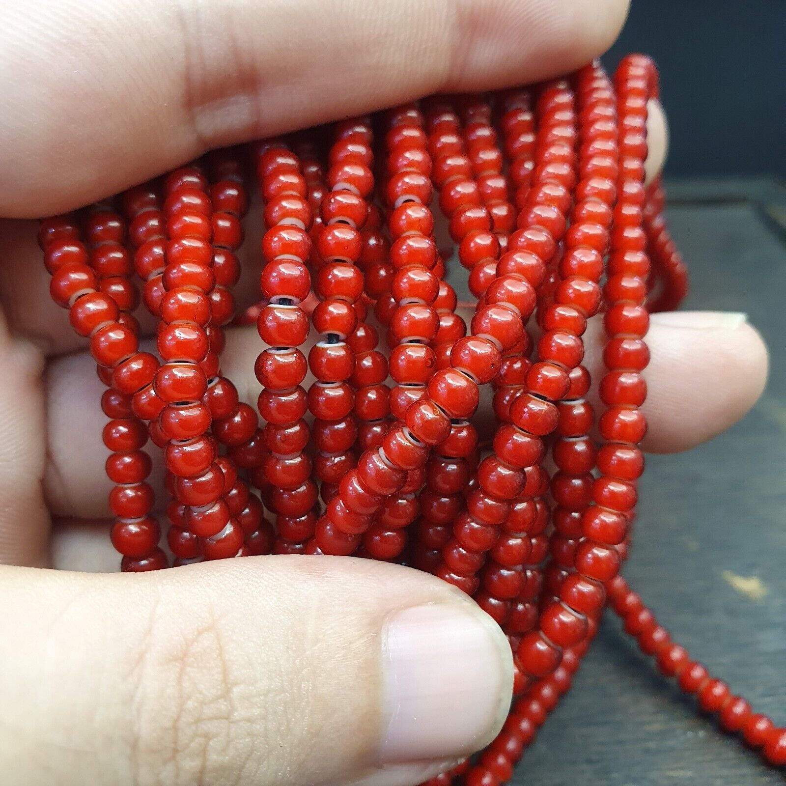 Lot 10 Strands 4.5 mm Antique Venetian RED White Heart Trade Beads long strands