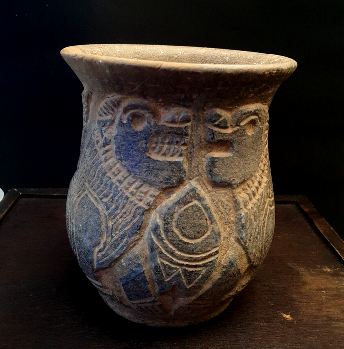 Ancient Jiroft Chlorite Black Stone Vase Mystical Figures Engraved From Kerman
