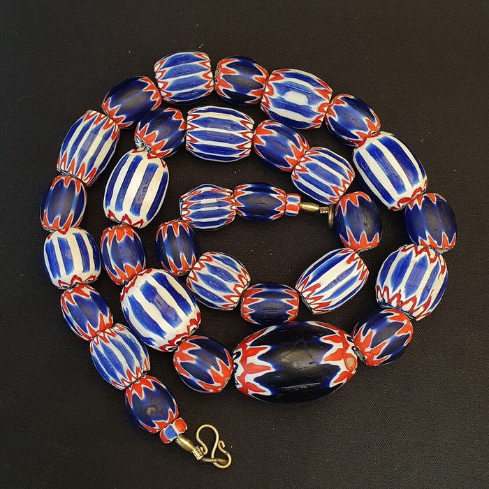 Antique Venetian Inspired Trade African Blue Glass Chevron Beads Long Strand 297